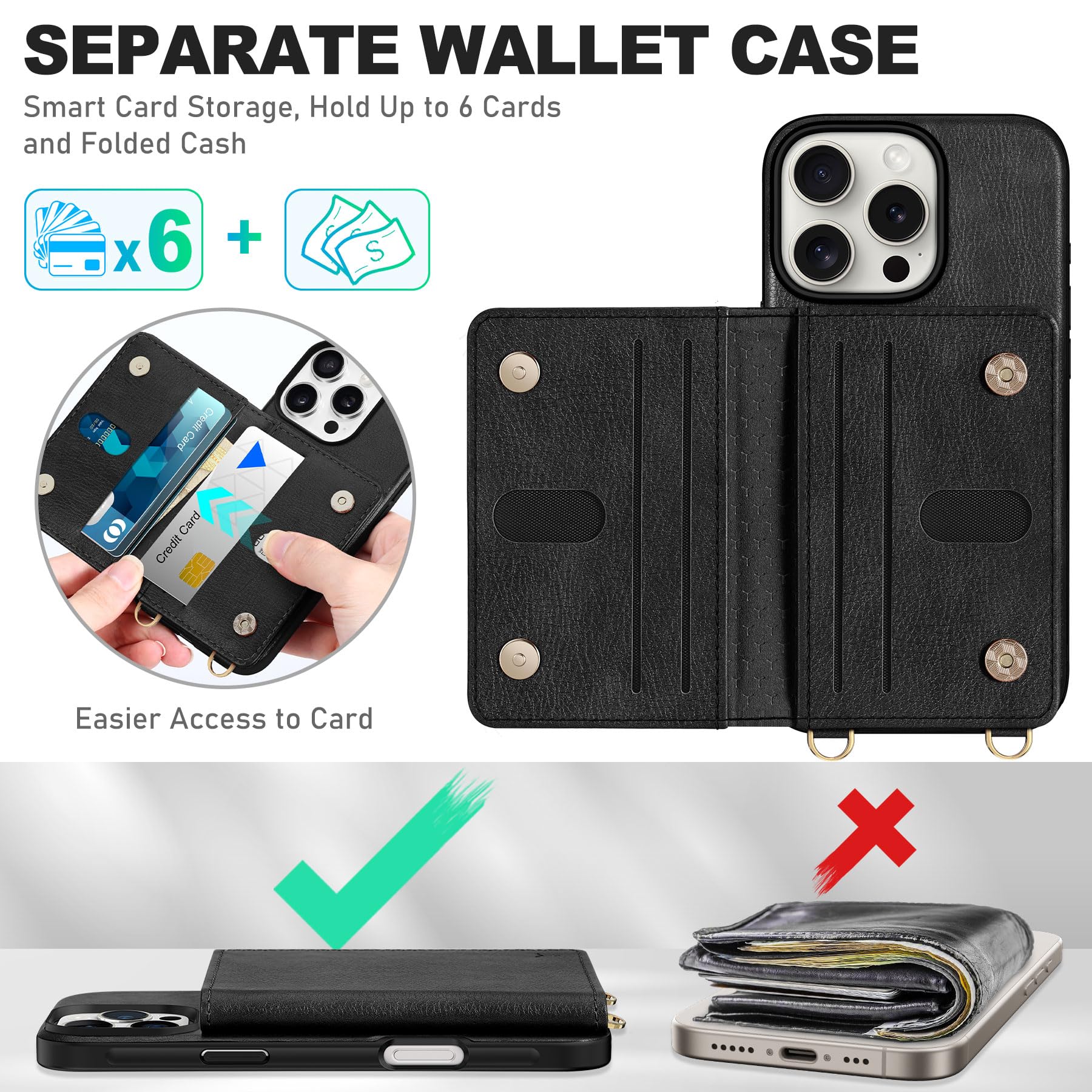 TUCCH Crossbody Wallet Case for iPhone 16 Pro (6.3"), RFID Blocking [6 Card Slots][Detachable Adjustable Lanyard], Magnetic Flip Wallet PU Leather Shockproof Phone Cover for iPhone 16 Pro, Black