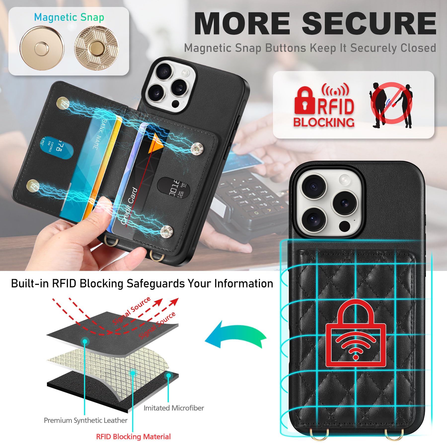 TUCCH Crossbody Wallet Case for iPhone 16 Pro (6.3"), RFID Blocking [6 Card Slots][Detachable Adjustable Lanyard], Magnetic Flip Wallet PU Leather Shockproof Phone Cover for iPhone 16 Pro, Black