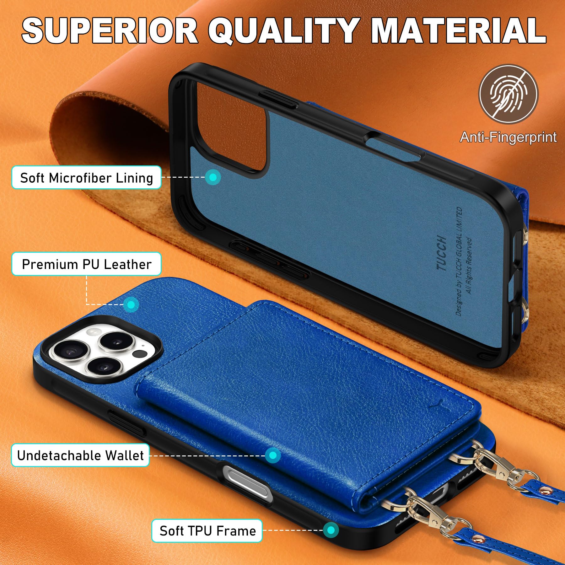 TUCCH Crossbody Wallet Case for iPhone 16 Pro (6.3"), RFID Blocking [6 Card Slots][Detachable Adjustable Lanyard], Magnetic Flip Wallet PU Leather Shockproof Phone Cover for iPhone 16 Pro, Black