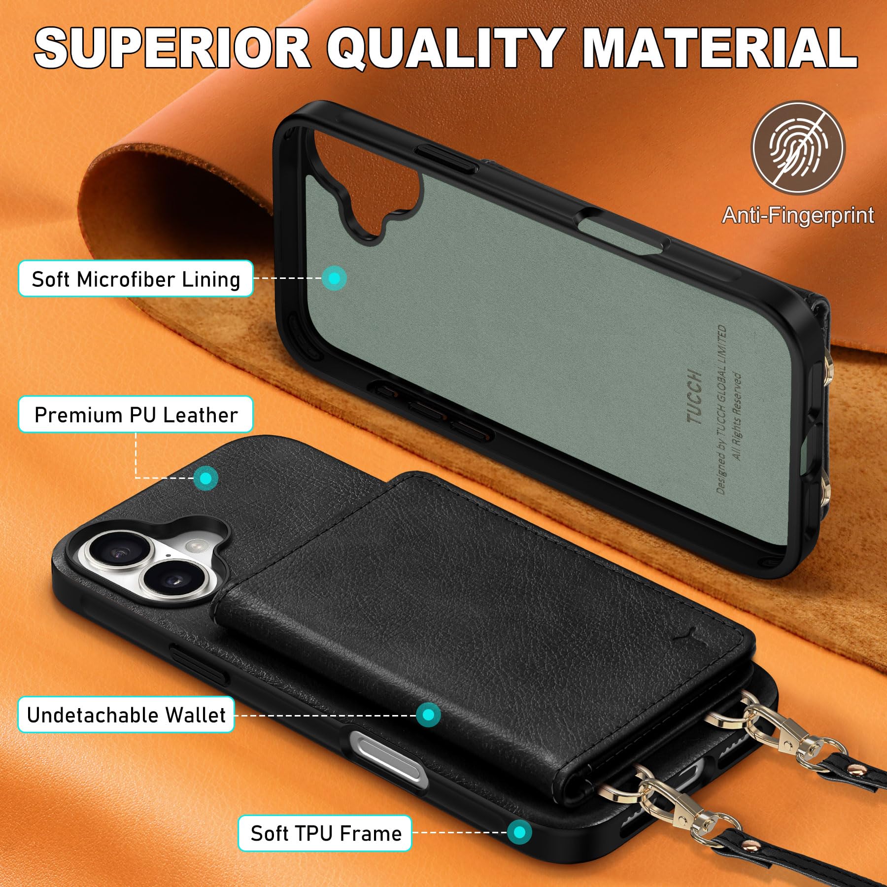 TUCCH Crossbody Wallet Case for iPhone 16 Pro (6.3"), RFID Blocking [6 Card Slots][Detachable Adjustable Lanyard], Magnetic Flip Wallet PU Leather Shockproof Phone Cover for iPhone 16 Pro, Black