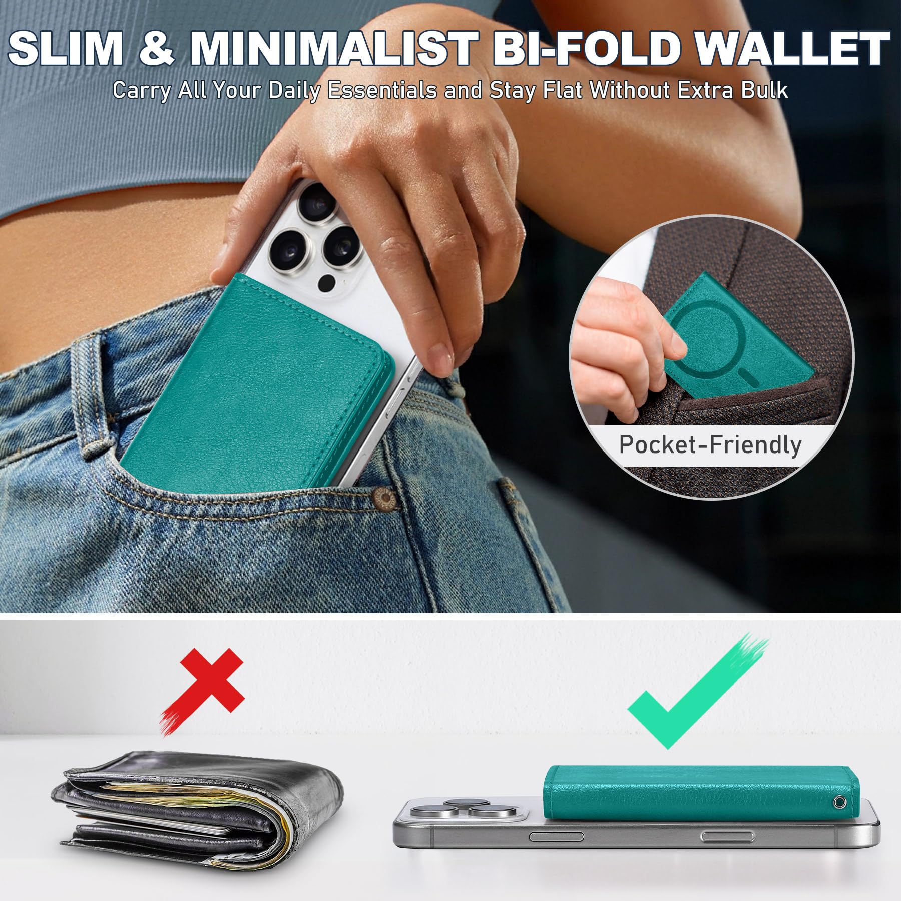 TUCCH for Magsafe Wallet with 6 Card Holders, RFID Blocking [Clear ID Window] PU Leather Men Women Folio Magnetic Phone Wallet for iPhone 16/15/14/13/12/Plus/Pro/Pro Max Series, Black