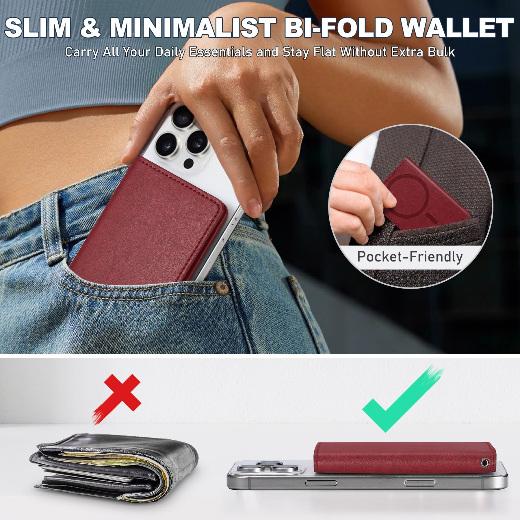 TUCCH for Magsafe Wallet with 6 Card Holders, RFID Blocking [Clear ID Window] PU Leather Men Women Folio Magnetic Phone Wallet for iPhone 16/15/14/13/12/Plus/Pro/Pro Max Series, Black