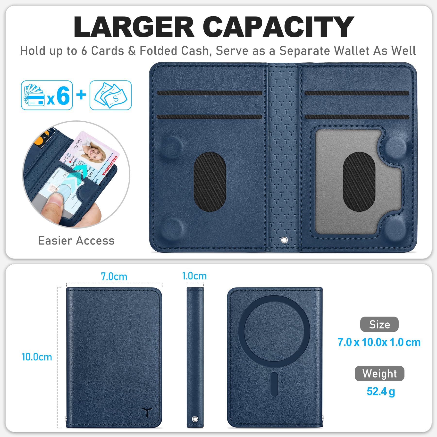 TUCCH for Magsafe Wallet with 6 Card Holders, RFID Blocking [Clear ID Window] PU Leather Men Women Folio Magnetic Phone Wallet for iPhone 16/15/14/13/12/Plus/Pro/Pro Max Series, Black