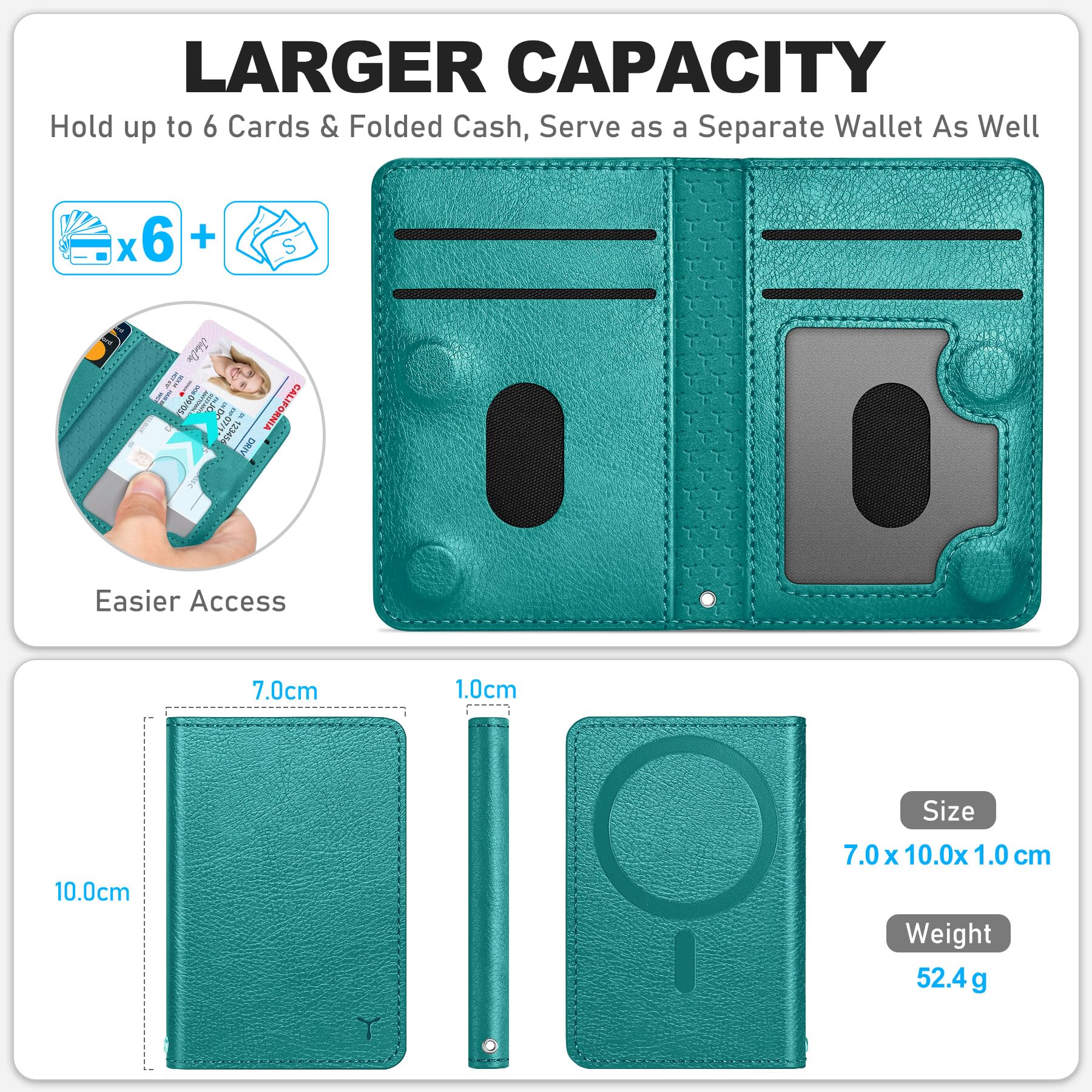 TUCCH for Magsafe Wallet with 6 Card Holders, RFID Blocking [Clear ID Window] PU Leather Men Women Folio Magnetic Phone Wallet for iPhone 16/15/14/13/12/Plus/Pro/Pro Max Series, Black