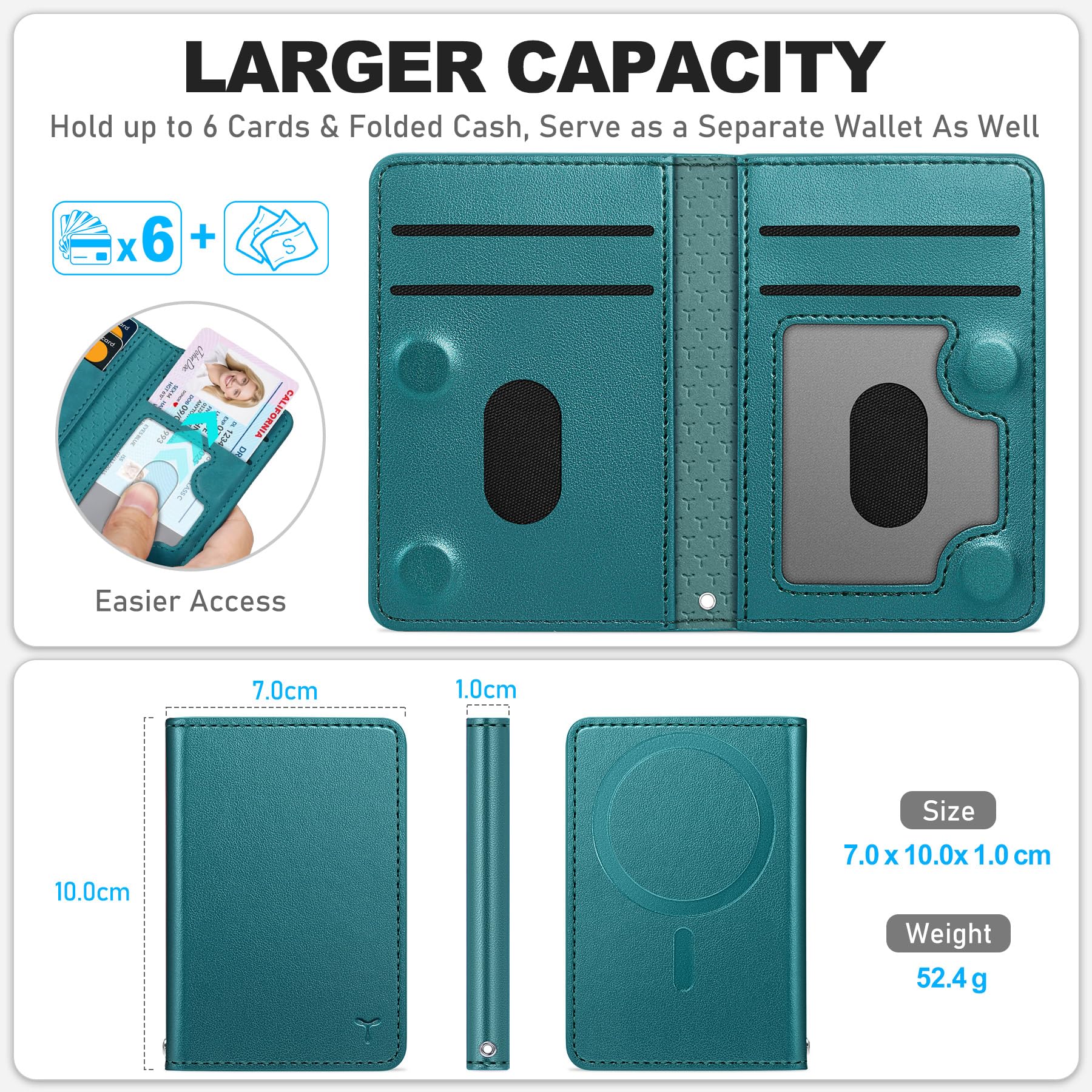 TUCCH for Magsafe Wallet with 6 Card Holders, RFID Blocking [Clear ID Window] PU Leather Men Women Folio Magnetic Phone Wallet for iPhone 16/15/14/13/12/Plus/Pro/Pro Max Series, Black