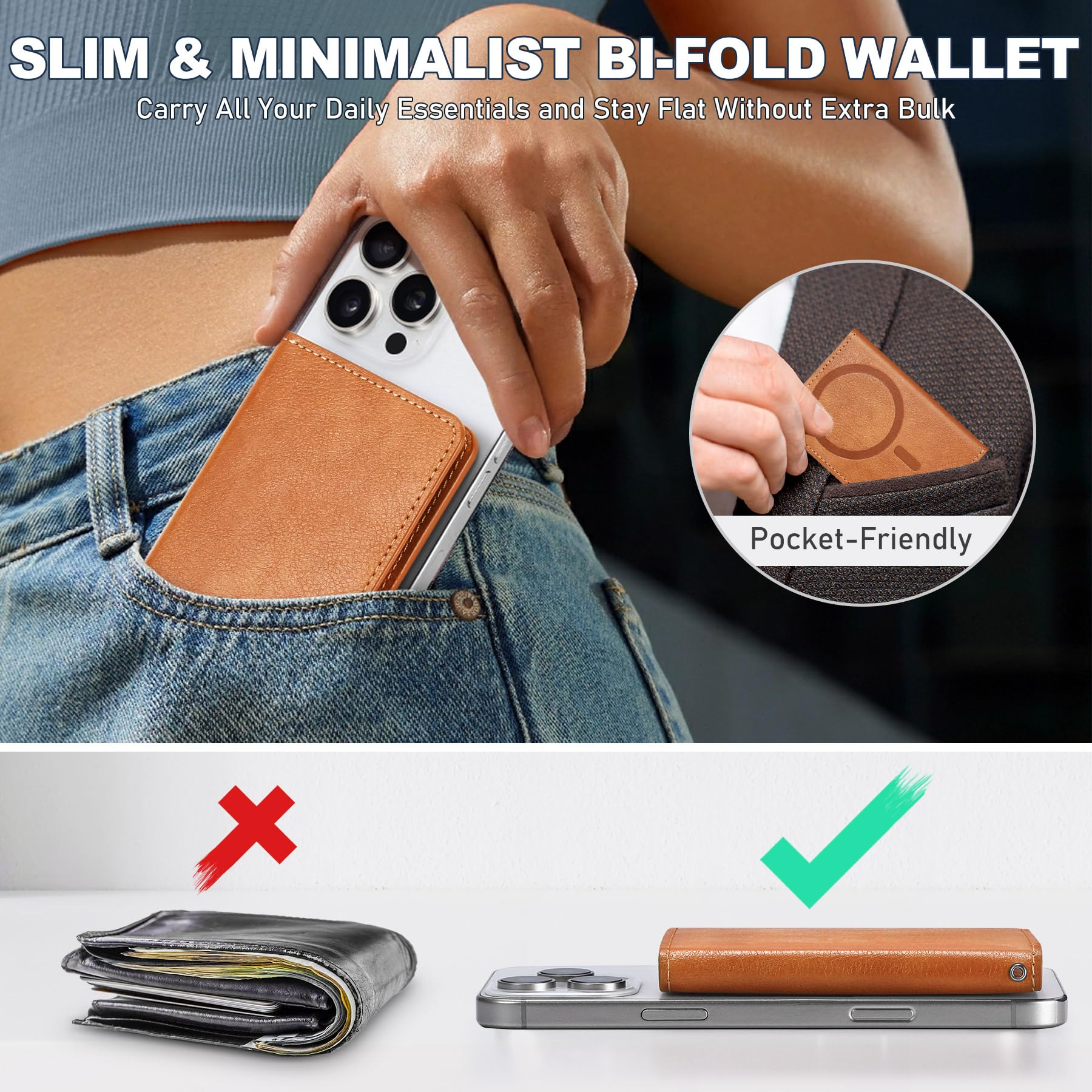 TUCCH for Magsafe Wallet with 6 Card Holders, RFID Blocking [Clear ID Window] PU Leather Men Women Folio Magnetic Phone Wallet for iPhone 16/15/14/13/12/Plus/Pro/Pro Max Series, Black