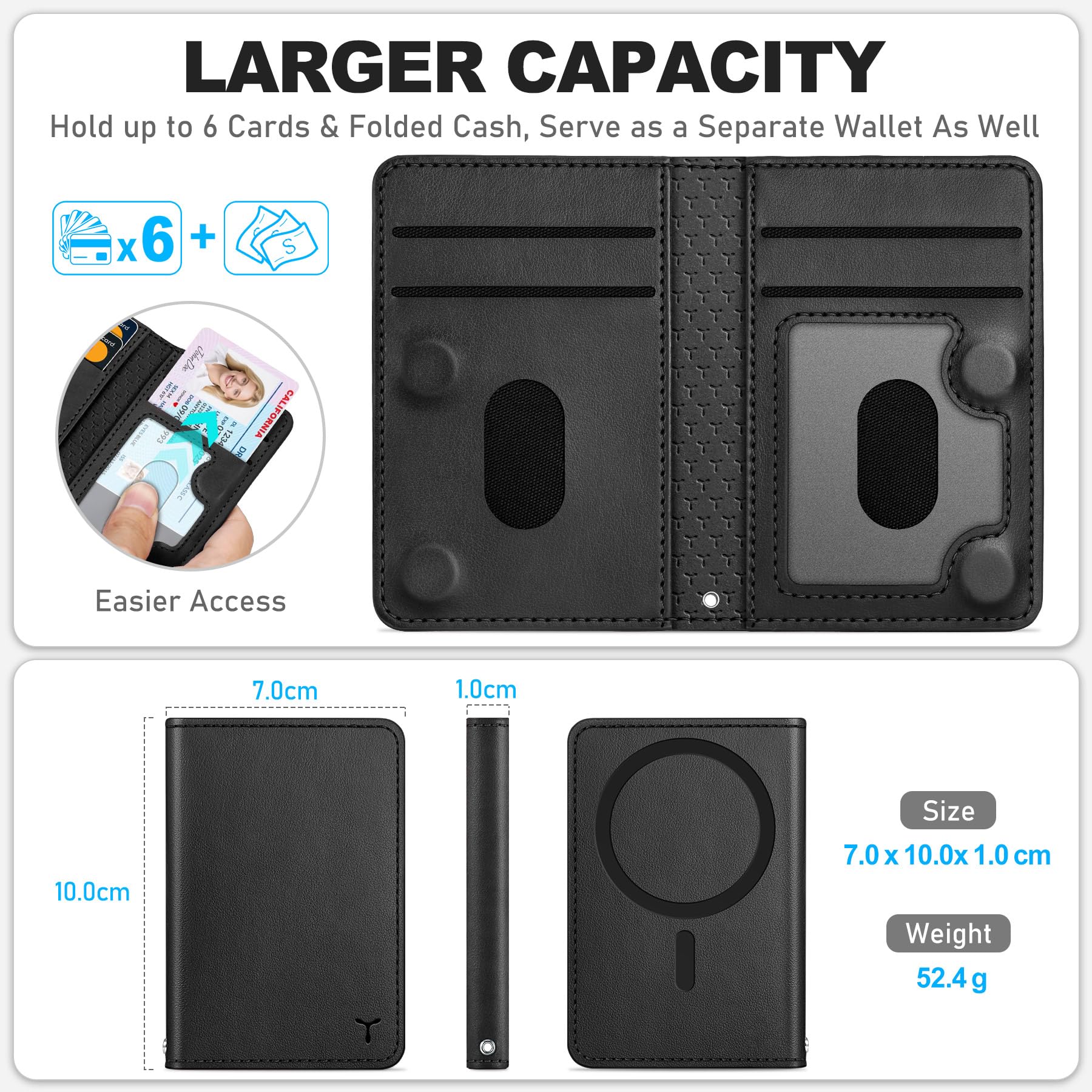 TUCCH for Magsafe Wallet with 6 Card Holders, RFID Blocking [Clear ID Window] PU Leather Men Women Folio Magnetic Phone Wallet for iPhone 16/15/14/13/12/Plus/Pro/Pro Max Series, Black