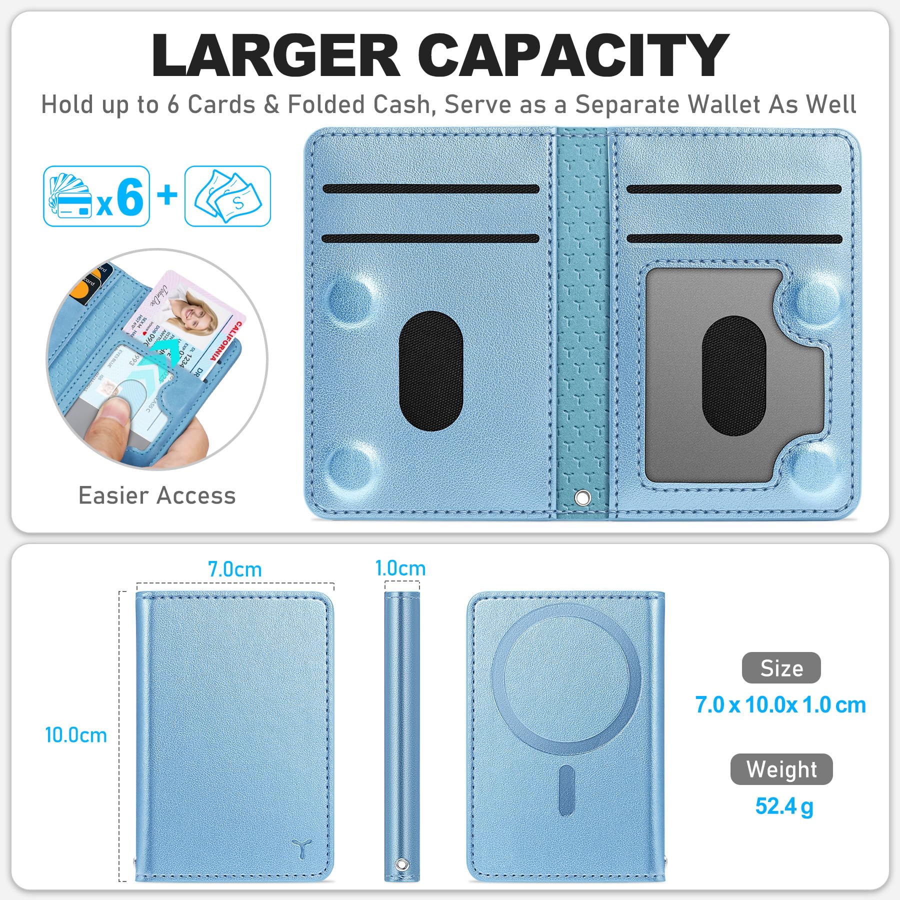 TUCCH for Magsafe Wallet with 6 Card Holders, RFID Blocking [Clear ID Window] PU Leather Men Women Folio Magnetic Phone Wallet for iPhone 16/15/14/13/12/Plus/Pro/Pro Max Series, Black