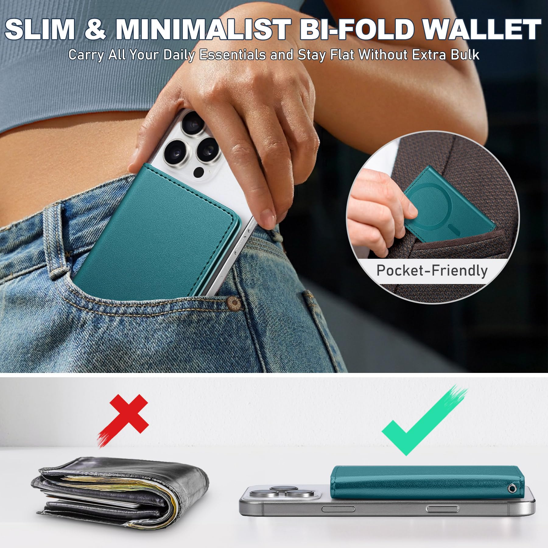 TUCCH for Magsafe Wallet with 6 Card Holders, RFID Blocking [Clear ID Window] PU Leather Men Women Folio Magnetic Phone Wallet for iPhone 16/15/14/13/12/Plus/Pro/Pro Max Series, Black