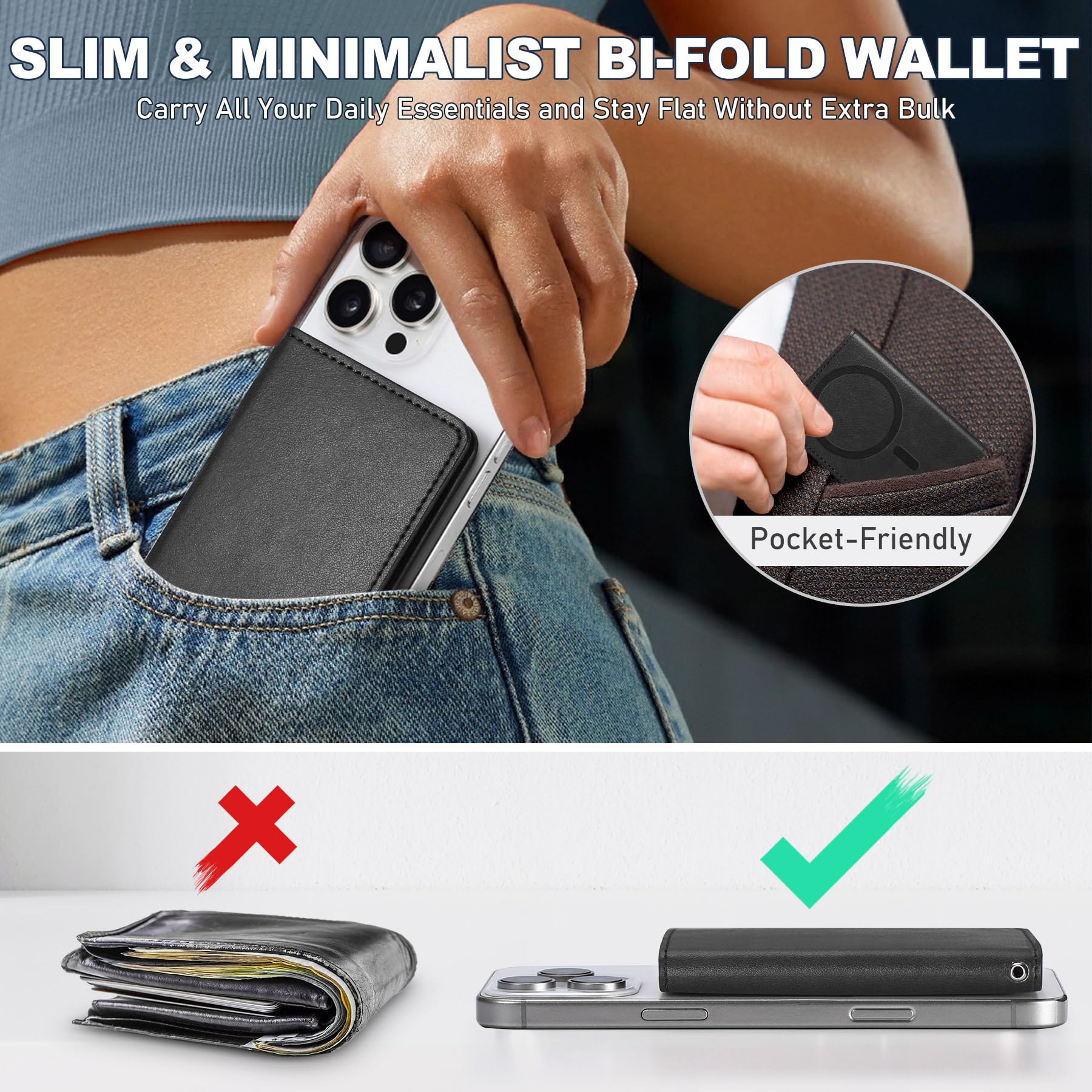 TUCCH for Magsafe Wallet with 6 Card Holders, RFID Blocking [Clear ID Window] PU Leather Men Women Folio Magnetic Phone Wallet for iPhone 16/15/14/13/12/Plus/Pro/Pro Max Series, Black