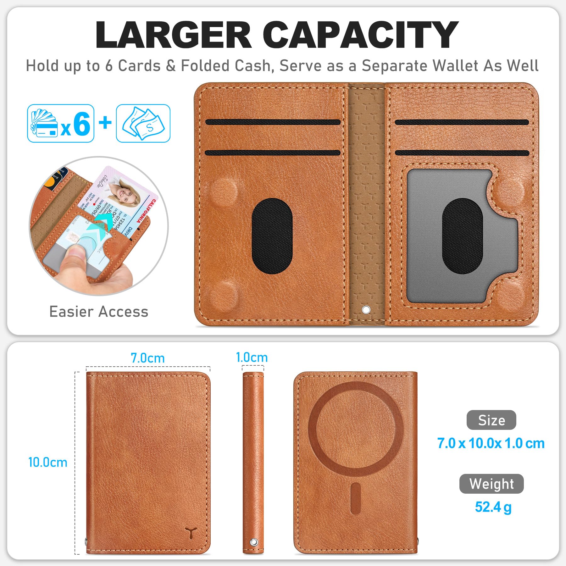 TUCCH for Magsafe Wallet with 6 Card Holders, RFID Blocking [Clear ID Window] PU Leather Men Women Folio Magnetic Phone Wallet for iPhone 16/15/14/13/12/Plus/Pro/Pro Max Series, Black