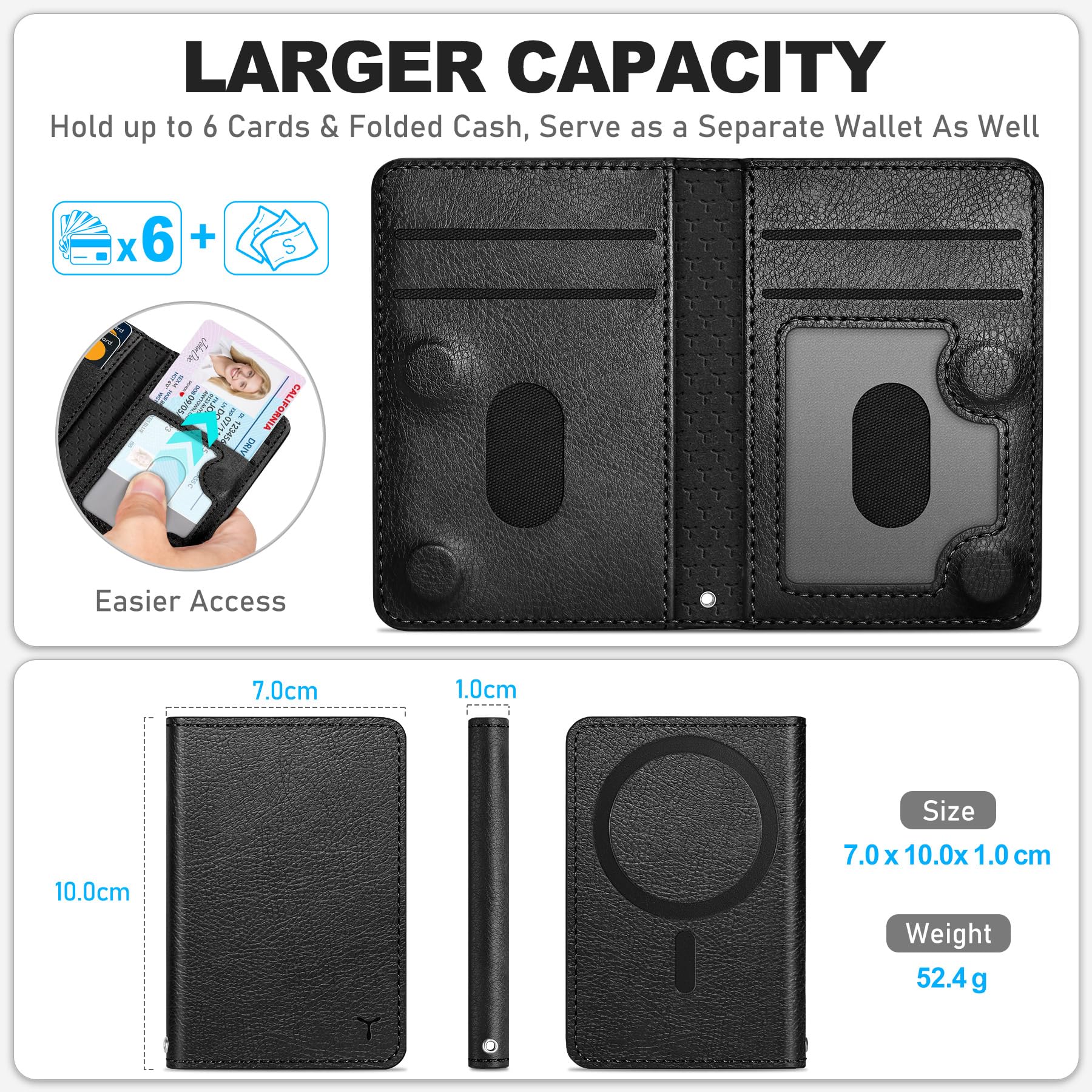 TUCCH for Magsafe Wallet with 6 Card Holders, RFID Blocking [Clear ID Window] PU Leather Men Women Folio Magnetic Phone Wallet for iPhone 16/15/14/13/12/Plus/Pro/Pro Max Series, Black