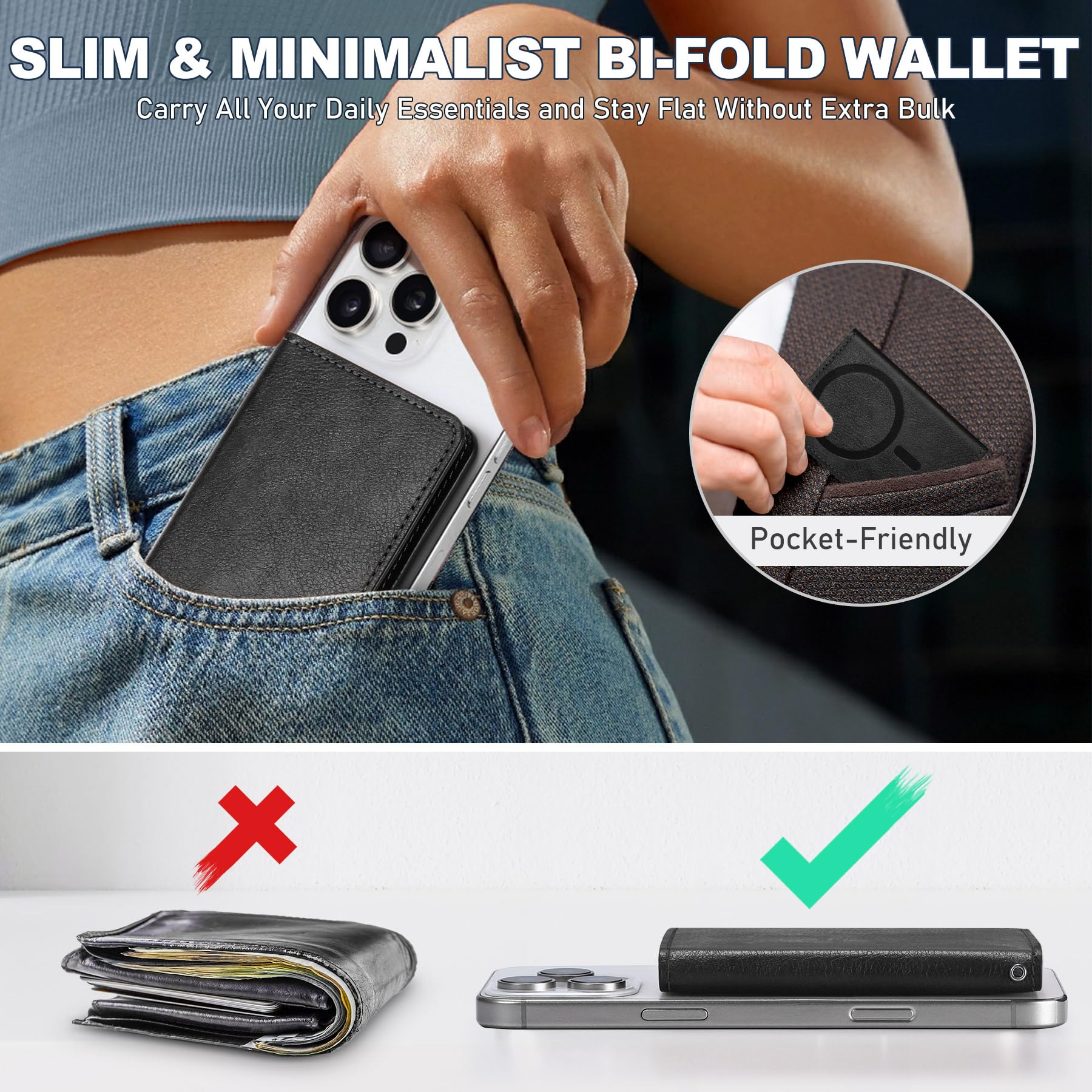 TUCCH for Magsafe Wallet with 6 Card Holders, RFID Blocking [Clear ID Window] PU Leather Men Women Folio Magnetic Phone Wallet for iPhone 16/15/14/13/12/Plus/Pro/Pro Max Series, Black