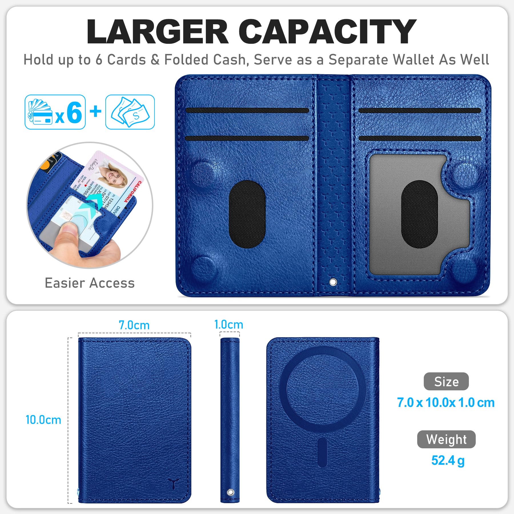 TUCCH for Magsafe Wallet with 6 Card Holders, RFID Blocking [Clear ID Window] PU Leather Men Women Folio Magnetic Phone Wallet for iPhone 16/15/14/13/12/Plus/Pro/Pro Max Series, Black