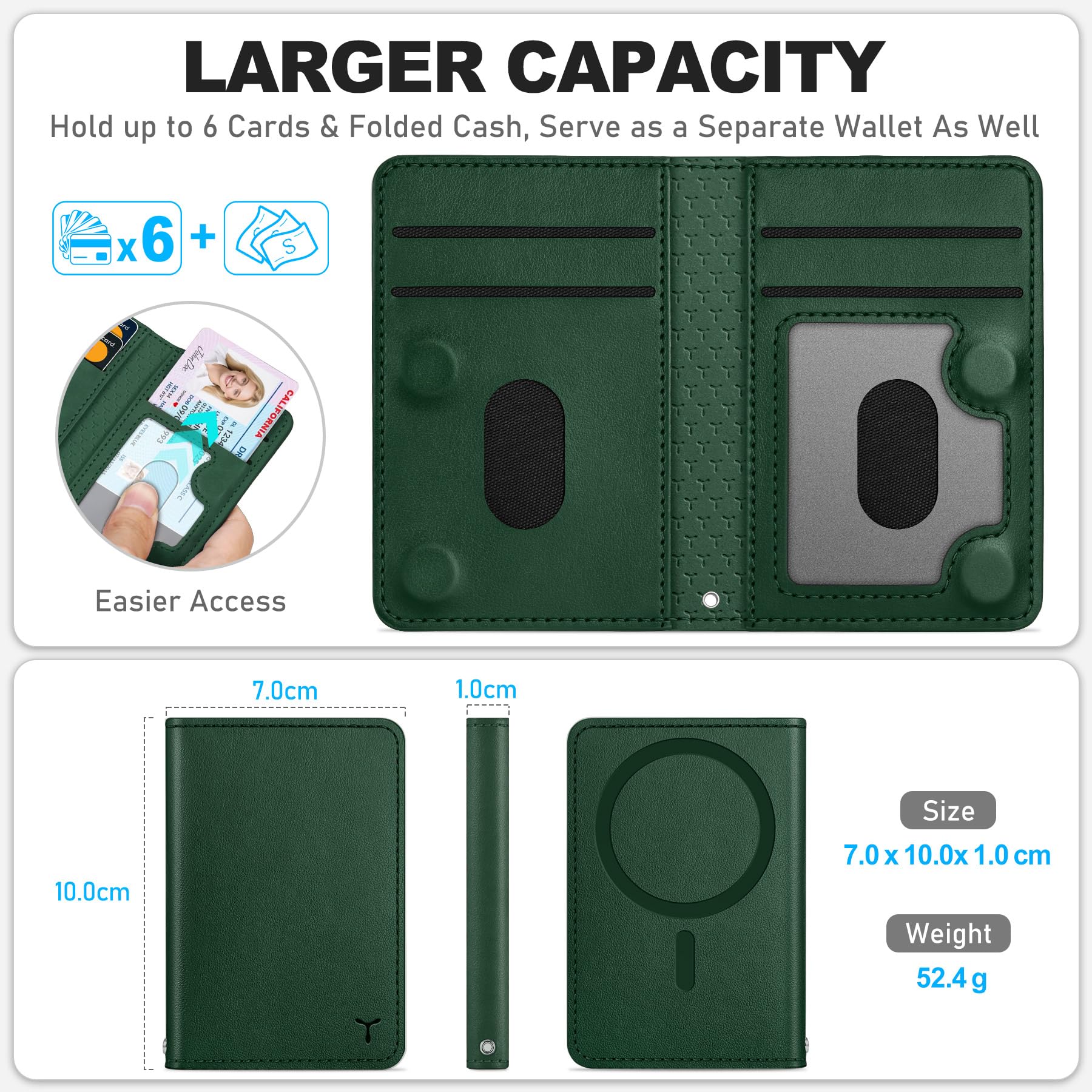 TUCCH for Magsafe Wallet with 6 Card Holders, RFID Blocking [Clear ID Window] PU Leather Men Women Folio Magnetic Phone Wallet for iPhone 16/15/14/13/12/Plus/Pro/Pro Max Series, Black