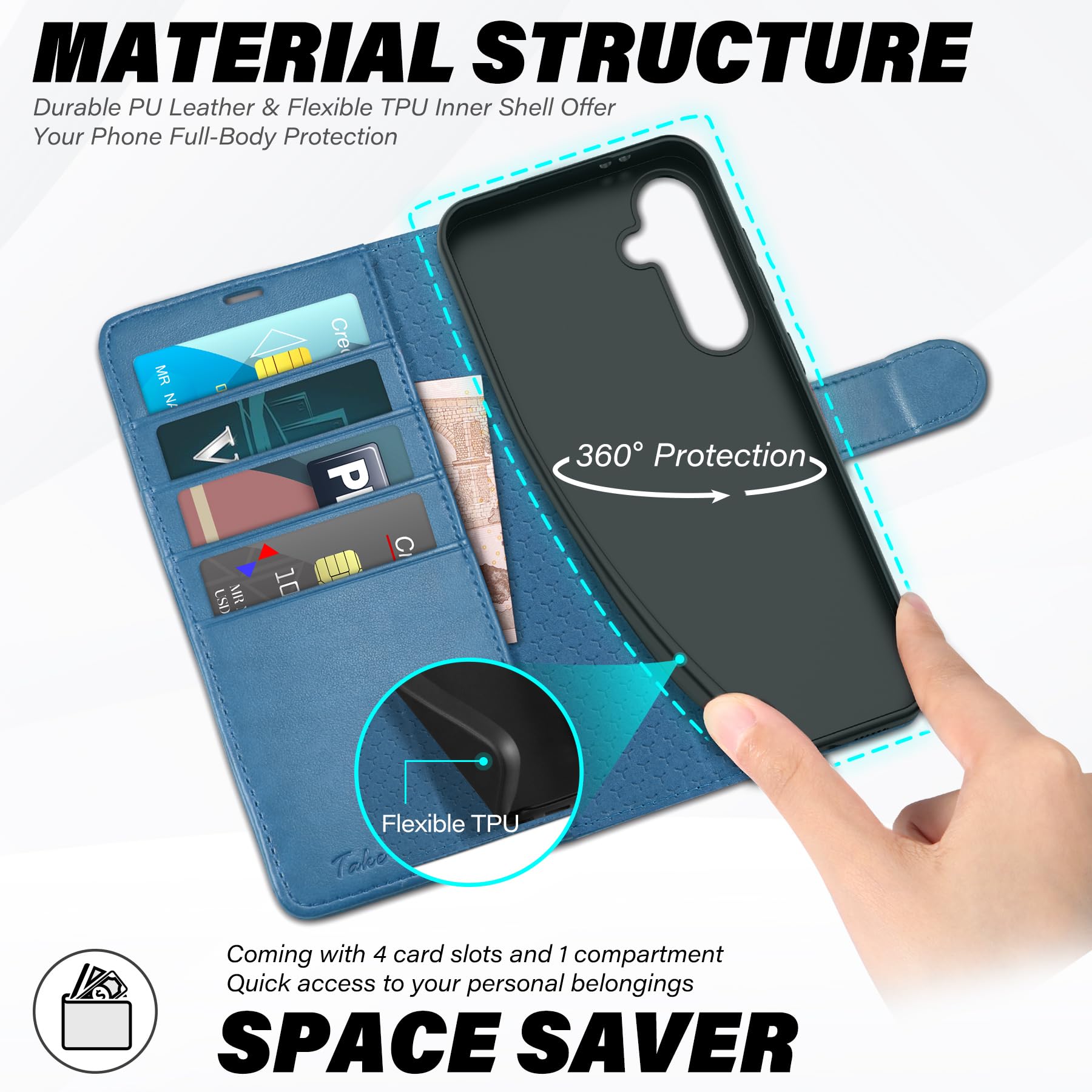 TUCCH Wallet Case for Galaxy S24 FE, with [TPU Shockproof Interior Case] Stand RFID Blocking Card Holder, Magnetic PU Leather Protective Flip Cover Compatible with Galaxy S24 FE, Dark Blue