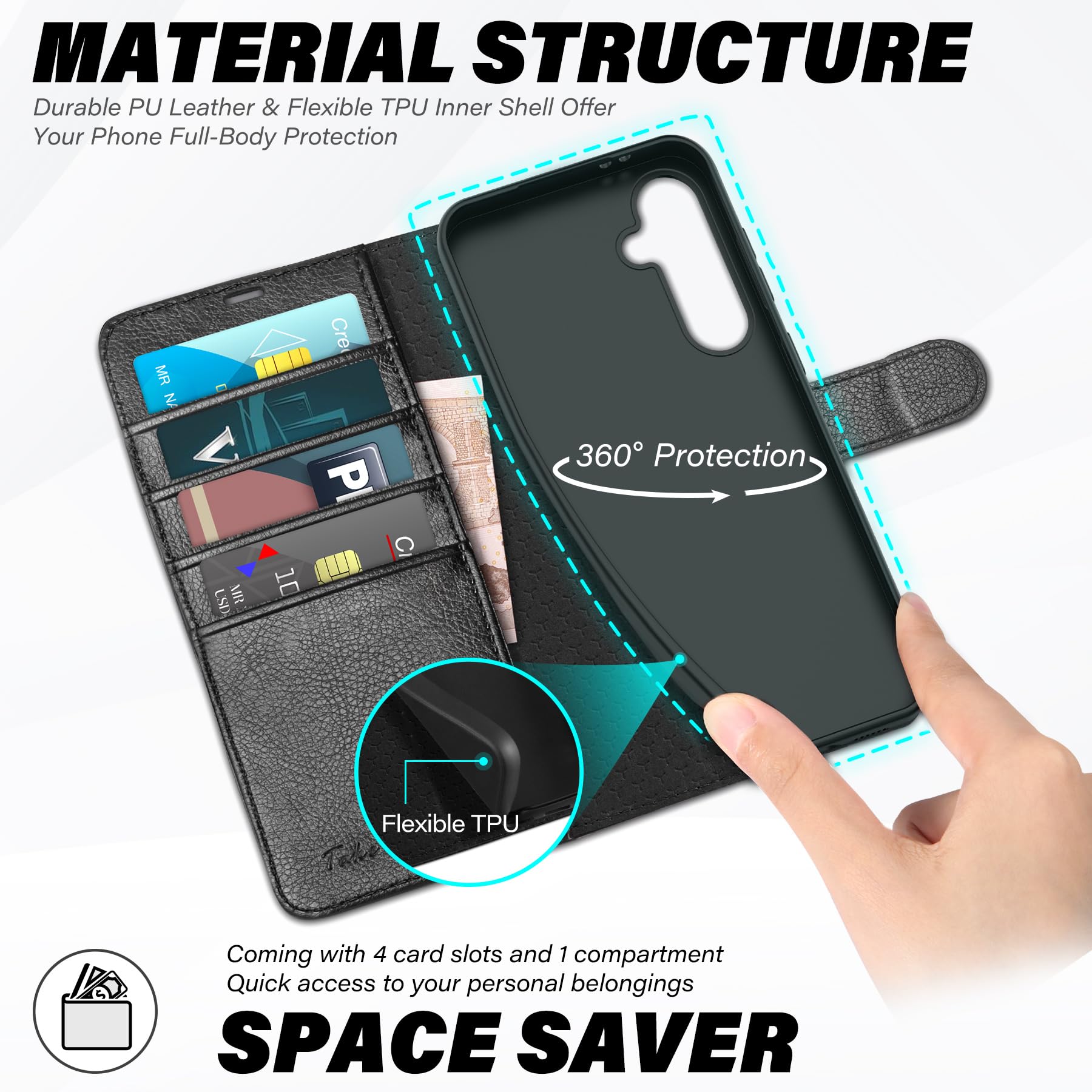 TUCCH Wallet Case for Galaxy S24 FE, with [TPU Shockproof Interior Case] Stand RFID Blocking Card Holder, Magnetic PU Leather Protective Flip Cover Compatible with Galaxy S24 FE, Dark Blue