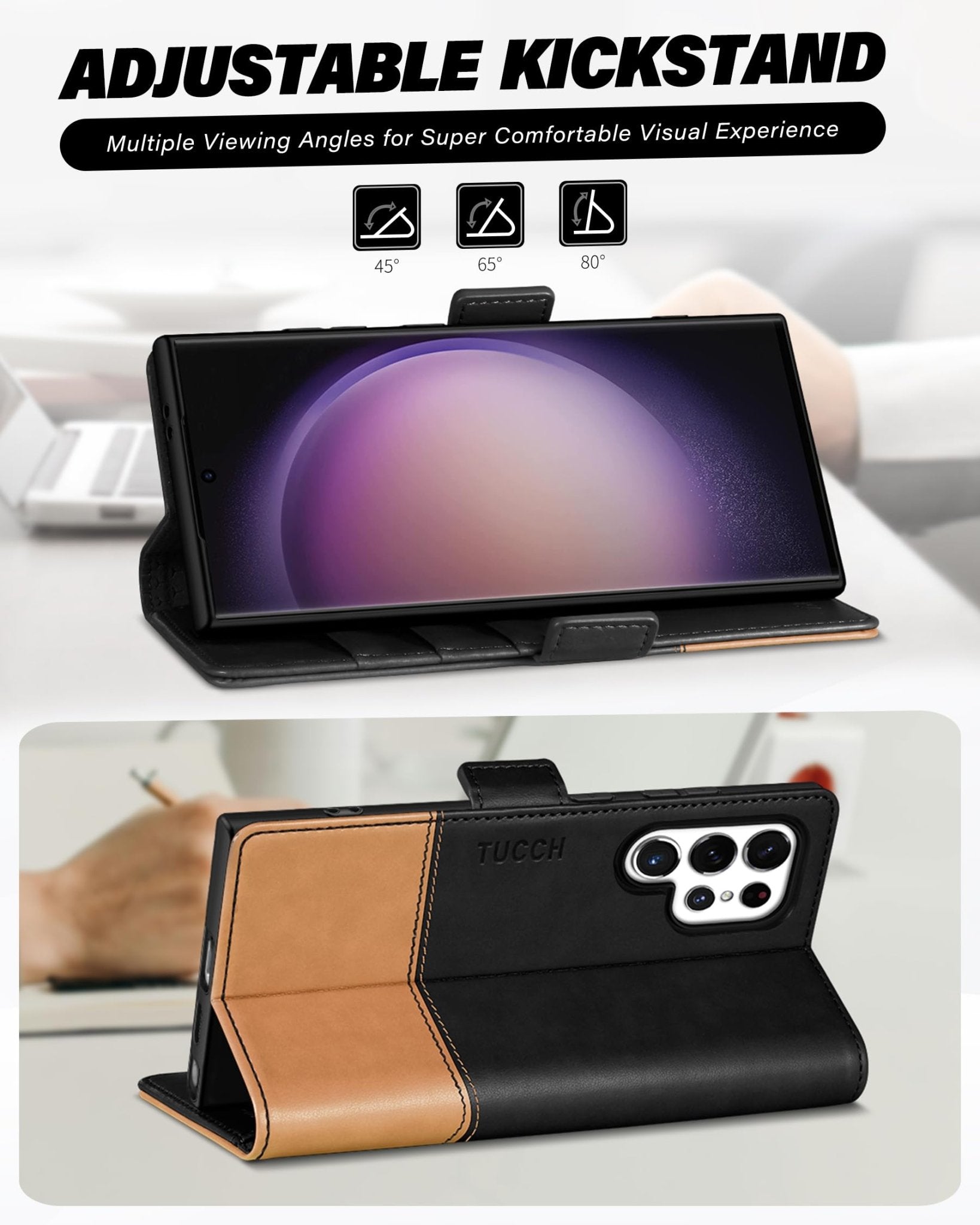 TUCCH Wallet Case for Galaxy S24 Ultra 5G, Magnetic PU Leather Stand [RFID Blocking] Card Slot Folio Cover with TPU Shockproof Inner Shell Compatible with Galaxy S24 Ultra 6.8-Inch 2024, Black & Brown