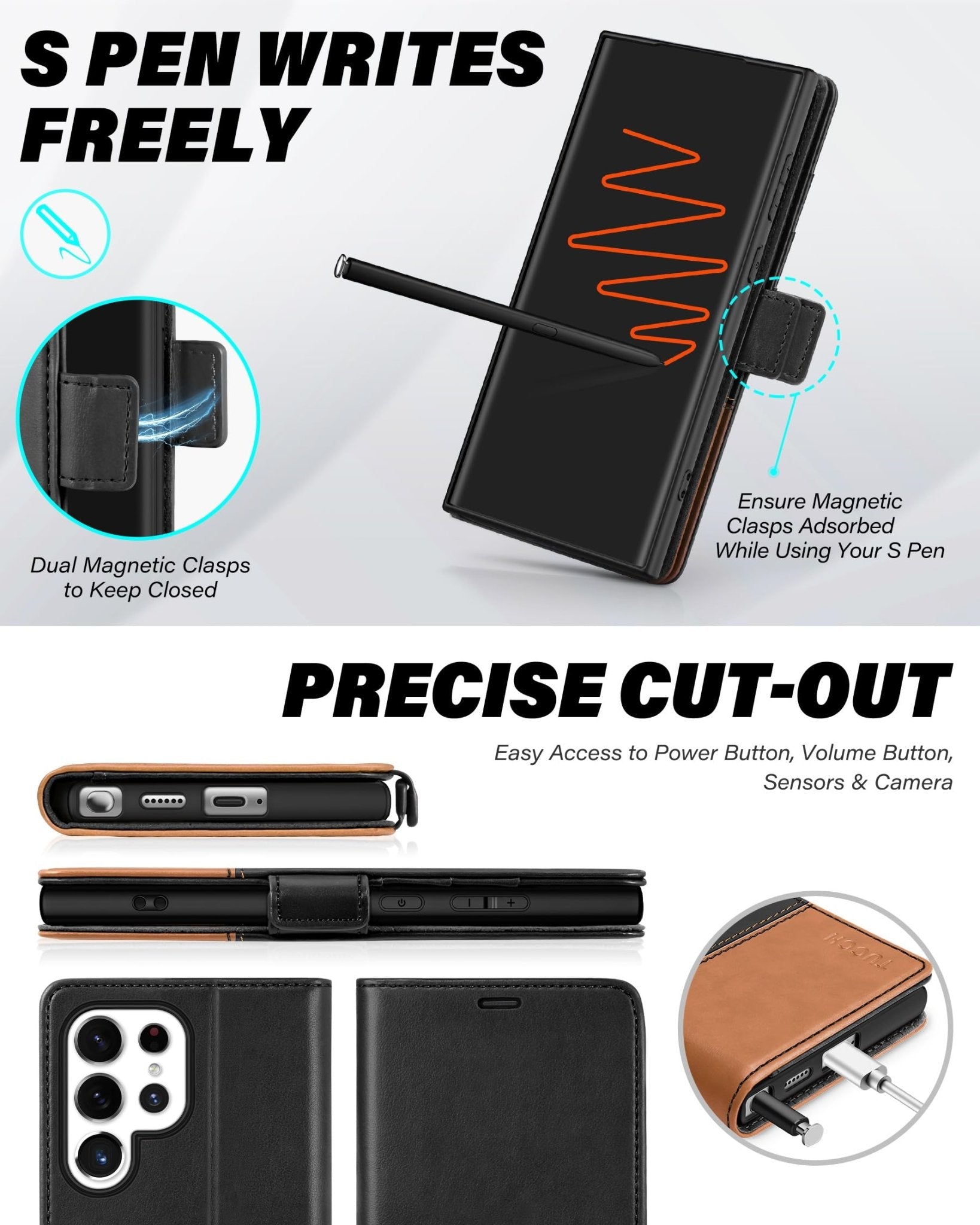 TUCCH Wallet Case for Galaxy S24 Ultra 5G, Magnetic PU Leather Stand [RFID Blocking] Card Slot Folio Cover with TPU Shockproof Inner Shell Compatible with Galaxy S24 Ultra 6.8-Inch 2024, Black & Brown