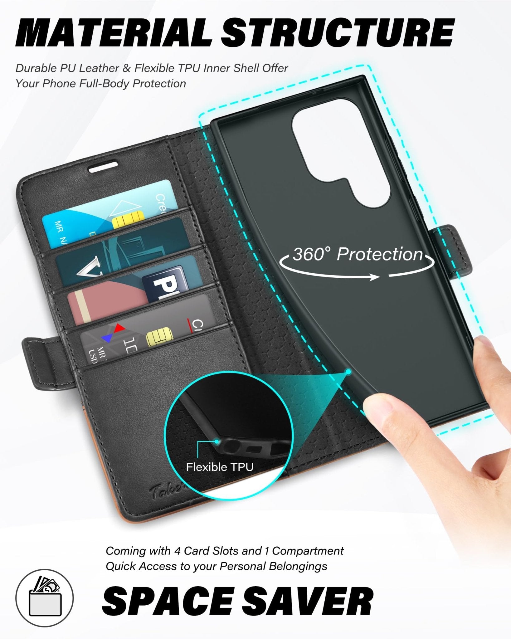 TUCCH Wallet Case for Galaxy S24 Ultra 5G, Magnetic PU Leather Stand [RFID Blocking] Card Slot Folio Cover with TPU Shockproof Inner Shell Compatible with Galaxy S24 Ultra 6.8-Inch 2024, Black & Brown