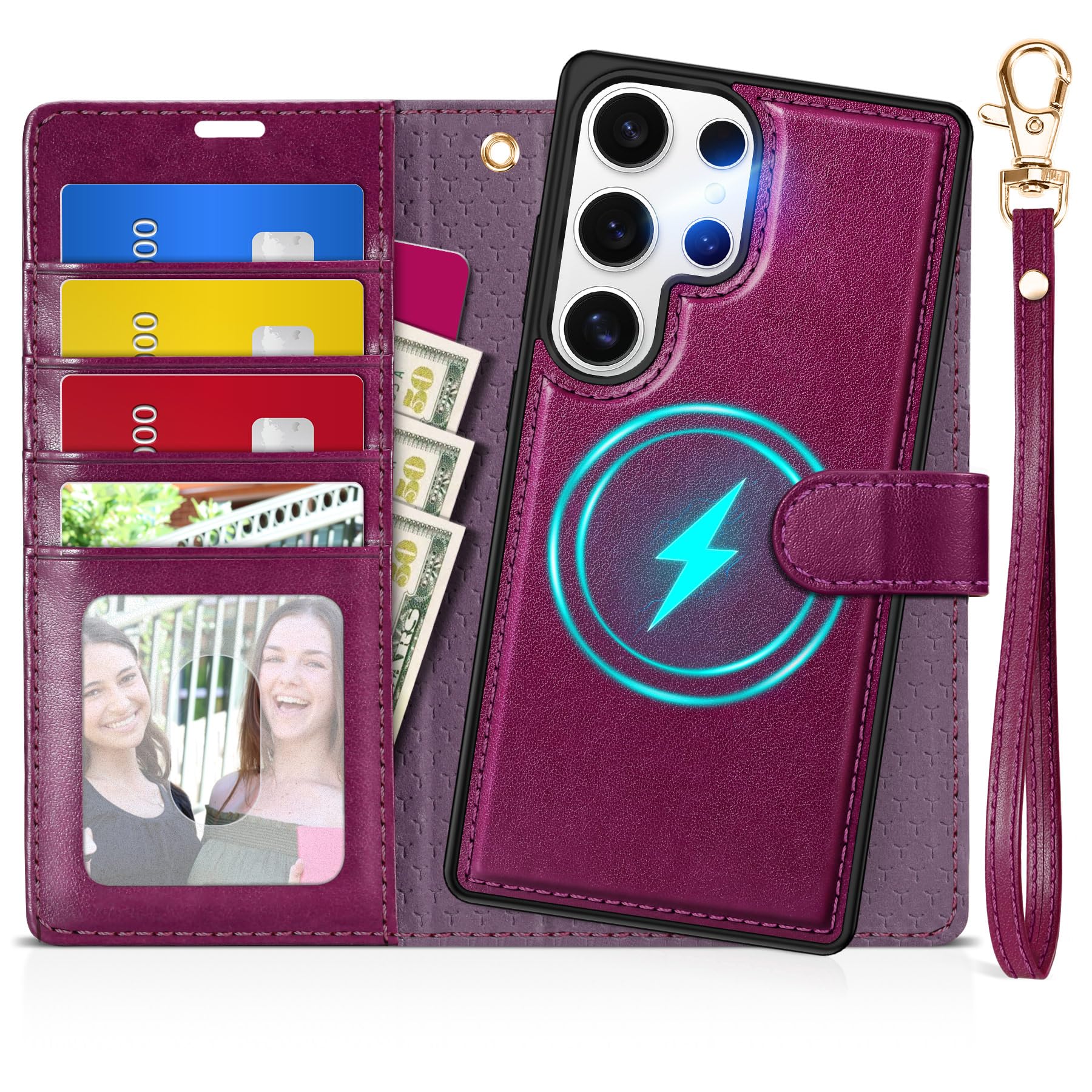 TUCCH Wallet Case for Galaxy S25 Ultra, Removable RFID Blocking [4 Card Slots] Wrist Strap Wireless Charging Kickstand PU Leather Magnetic Detachable Protective Cover for Galaxy S25 Ultra 6.9", Black