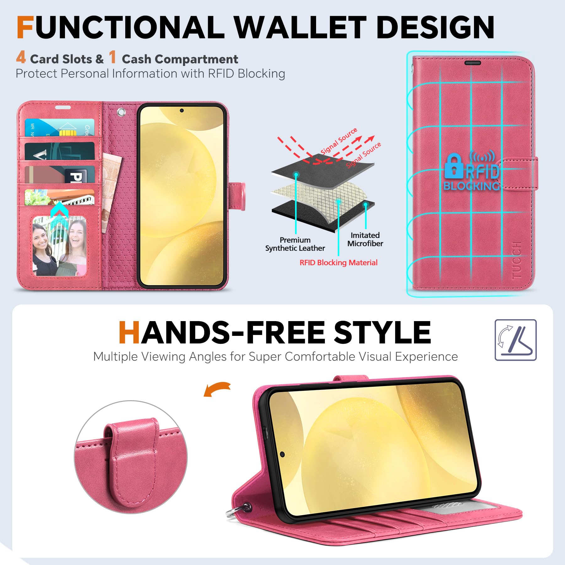 TUCCH Wallet Case for Galaxy S25 Ultra, Removable RFID Blocking [4 Card Slots] Wrist Strap Wireless Charging Kickstand PU Leather Magnetic Detachable Protective Cover for Galaxy S25 Ultra 6.9", Black