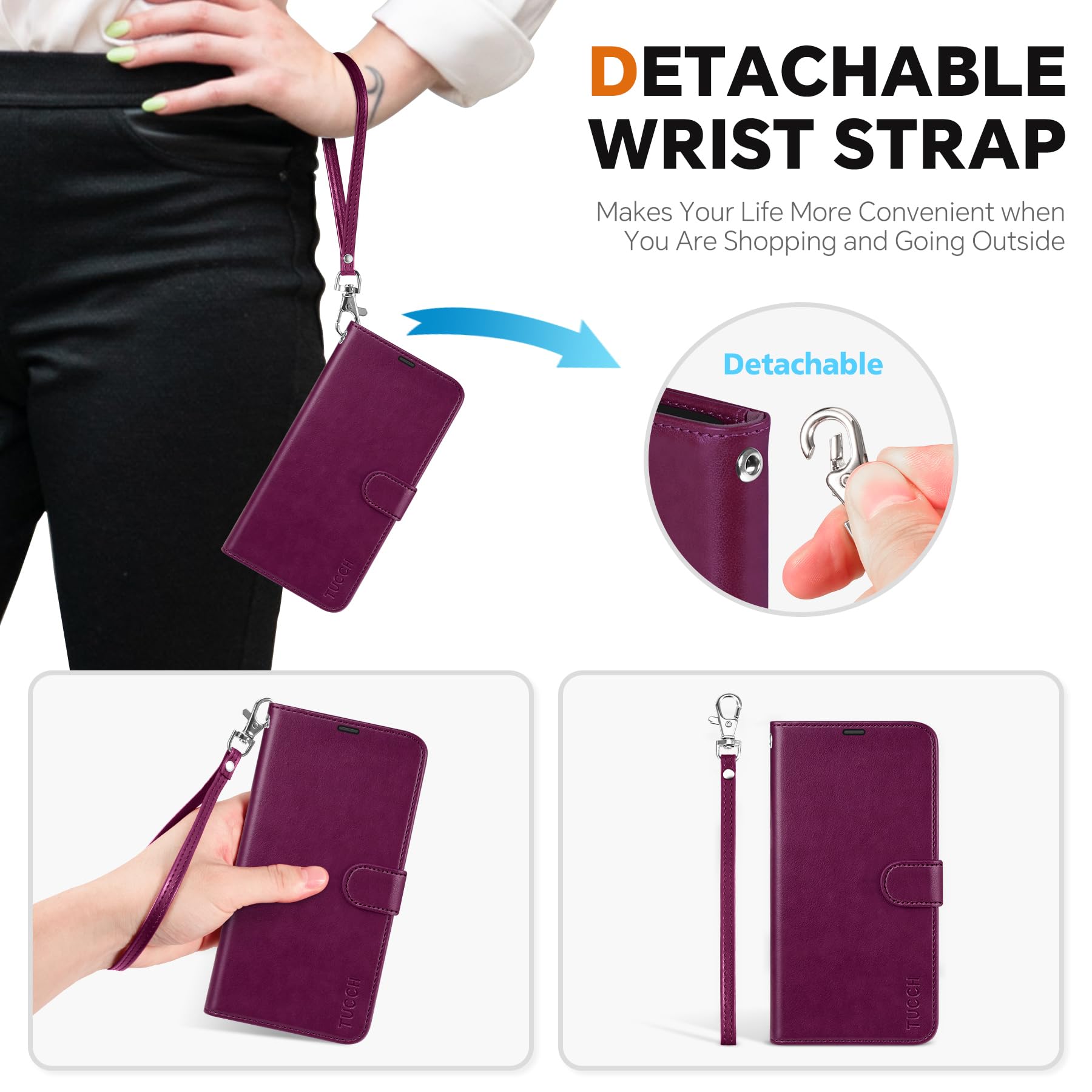 TUCCH Wallet Case for Galaxy S25 Ultra, Removable RFID Blocking [4 Card Slots] Wrist Strap Wireless Charging Kickstand PU Leather Magnetic Detachable Protective Cover for Galaxy S25 Ultra 6.9", Black