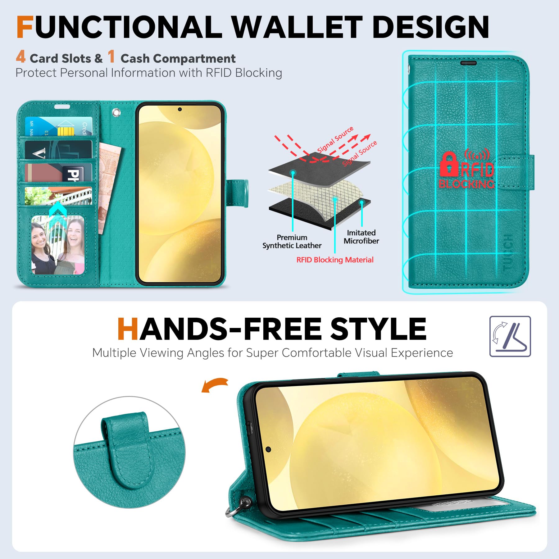 TUCCH Wallet Case for Galaxy S25 Ultra, Removable RFID Blocking [4 Card Slots] Wrist Strap Wireless Charging Kickstand PU Leather Magnetic Detachable Protective Cover for Galaxy S25 Ultra 6.9", Black