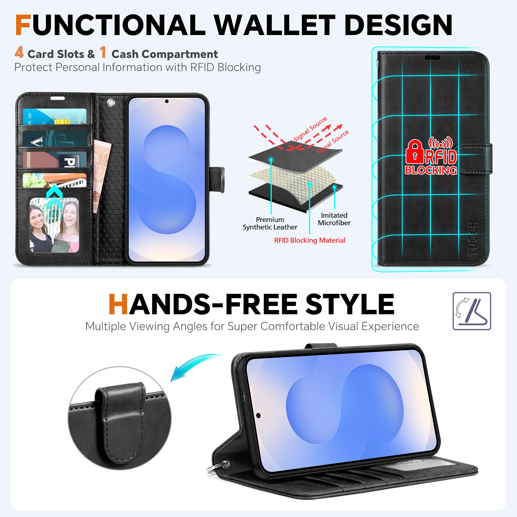 TUCCH Wallet Case for Galaxy S25 Ultra, Removable RFID Blocking [4 Card Slots] Wrist Strap Wireless Charging Kickstand PU Leather Magnetic Detachable Protective Cover for Galaxy S25 Ultra 6.9", Black