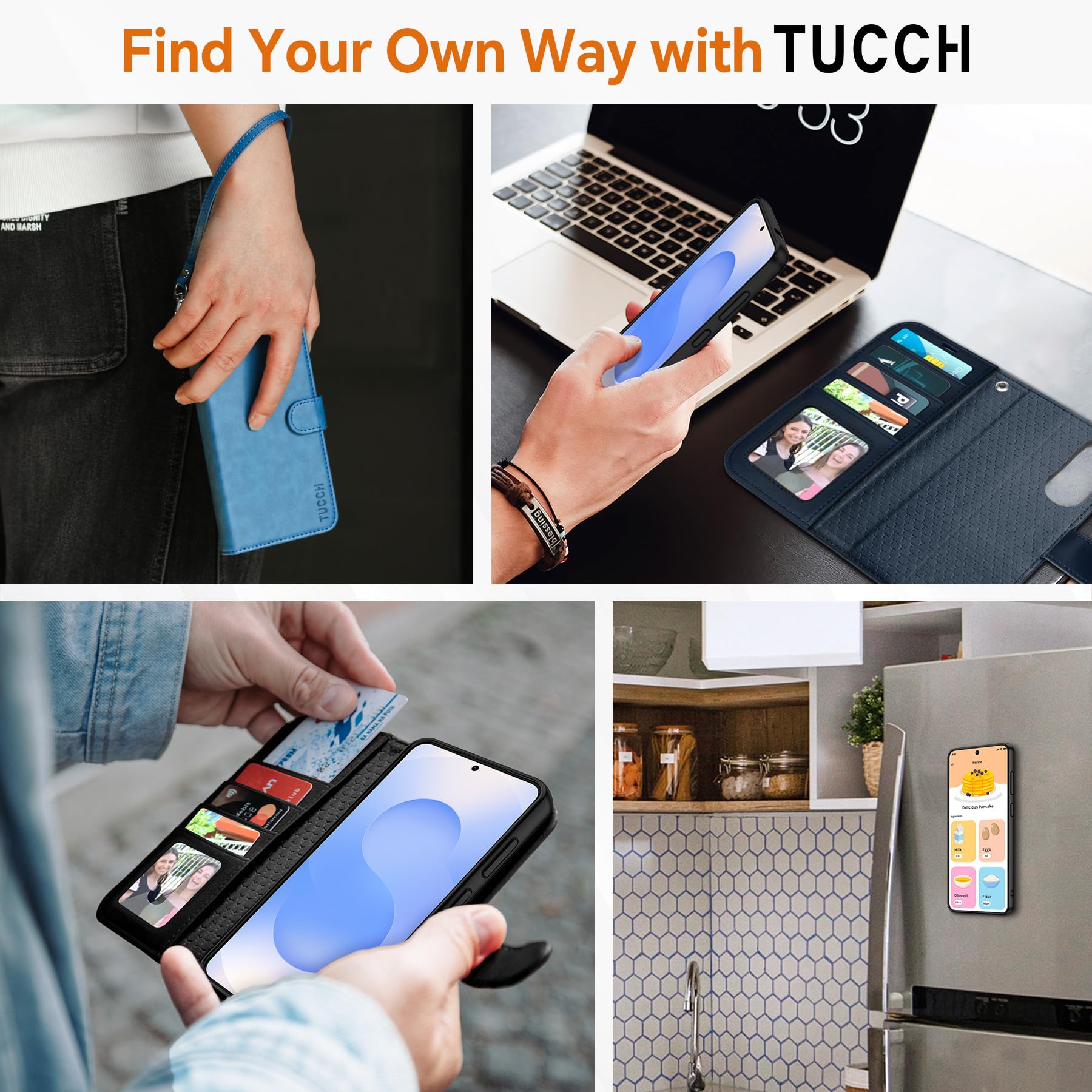 TUCCH Wallet Case for Galaxy S25 Ultra, Removable RFID Blocking [4 Card Slots] Wrist Strap Wireless Charging Kickstand PU Leather Magnetic Detachable Protective Cover for Galaxy S25 Ultra 6.9", Black