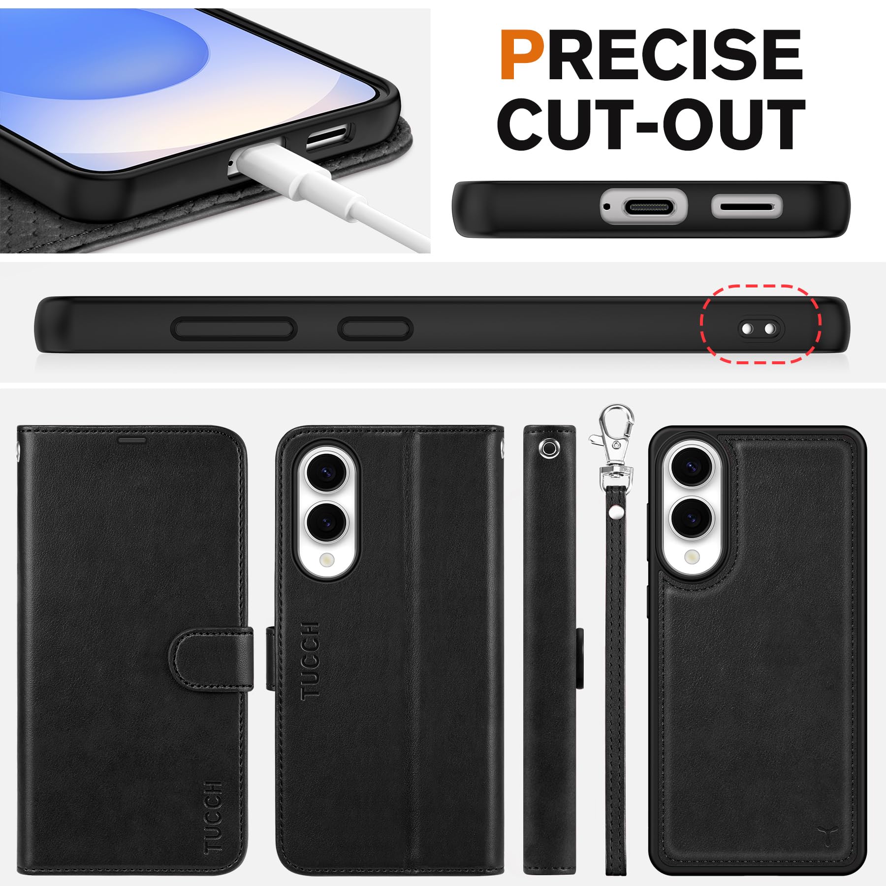 TUCCH Wallet Case for Galaxy S25 Ultra, Removable RFID Blocking [4 Card Slots] Wrist Strap Wireless Charging Kickstand PU Leather Magnetic Detachable Protective Cover for Galaxy S25 Ultra 6.9", Black