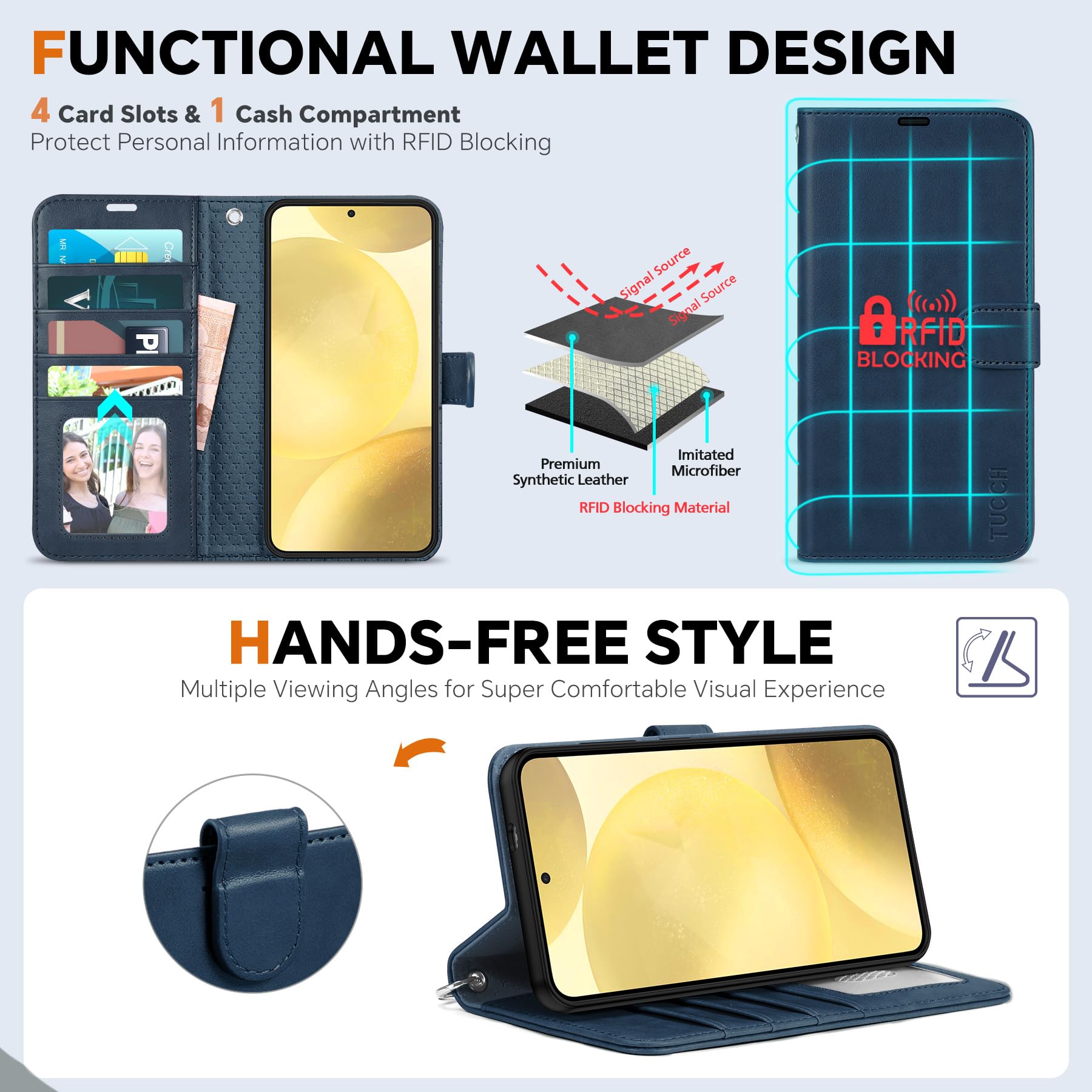 TUCCH Wallet Case for Galaxy S25 Ultra, Removable RFID Blocking [4 Card Slots] Wrist Strap Wireless Charging Kickstand PU Leather Magnetic Detachable Protective Cover for Galaxy S25 Ultra 6.9", Black