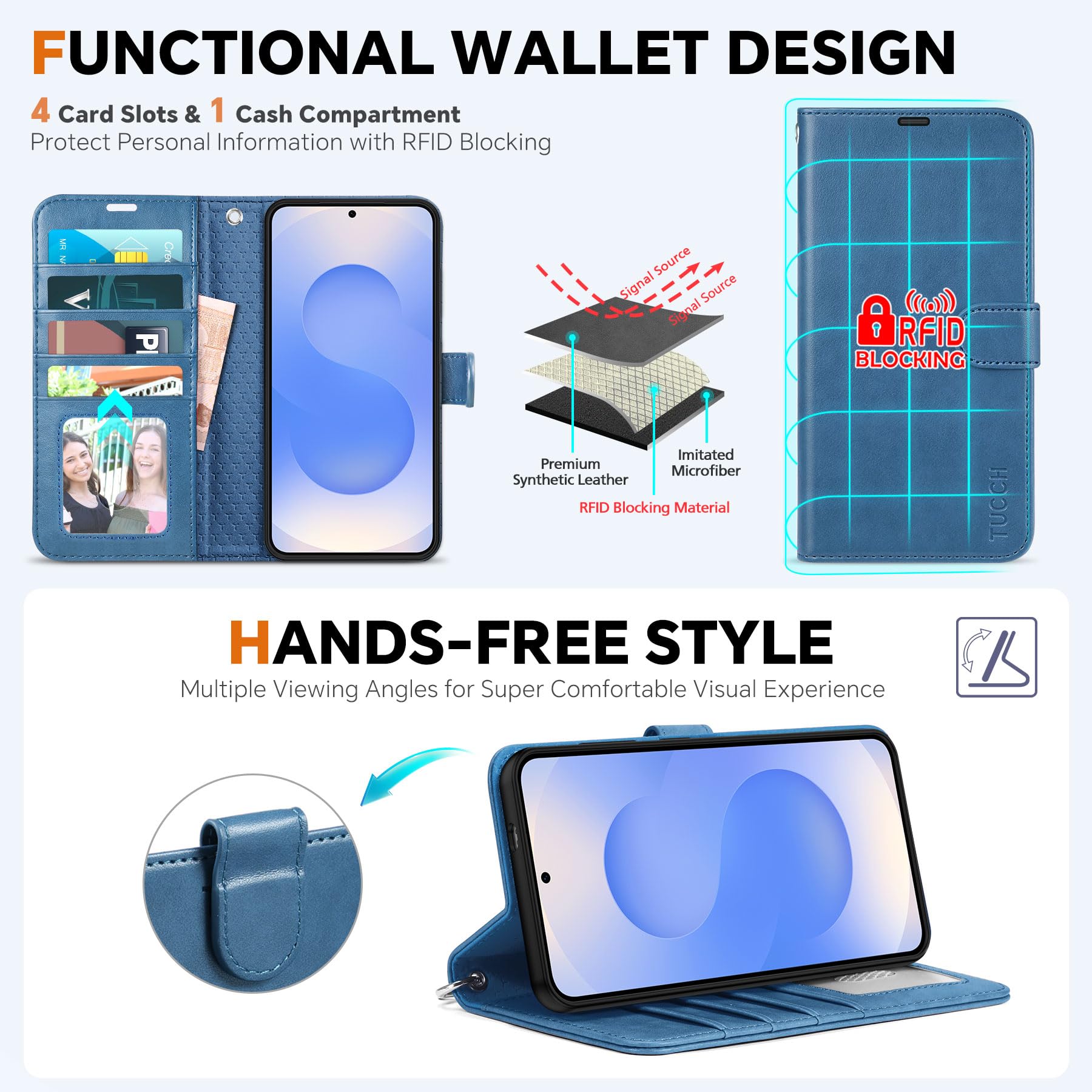 TUCCH Wallet Case for Galaxy S25 Ultra, Removable RFID Blocking [4 Card Slots] Wrist Strap Wireless Charging Kickstand PU Leather Magnetic Detachable Protective Cover for Galaxy S25 Ultra 6.9", Black