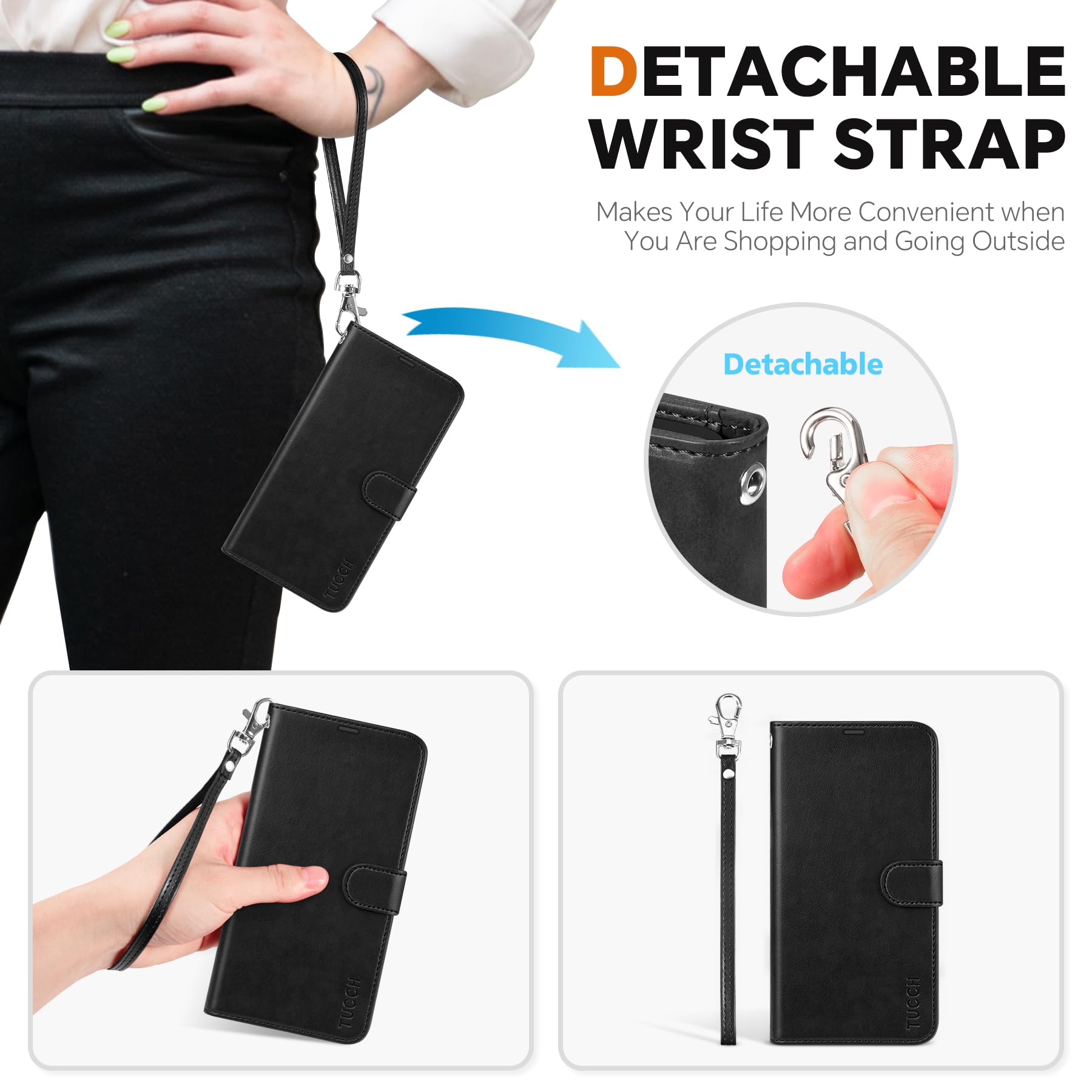 TUCCH Wallet Case for Galaxy S25 Ultra, Removable RFID Blocking [4 Card Slots] Wrist Strap Wireless Charging Kickstand PU Leather Magnetic Detachable Protective Cover for Galaxy S25 Ultra 6.9", Black