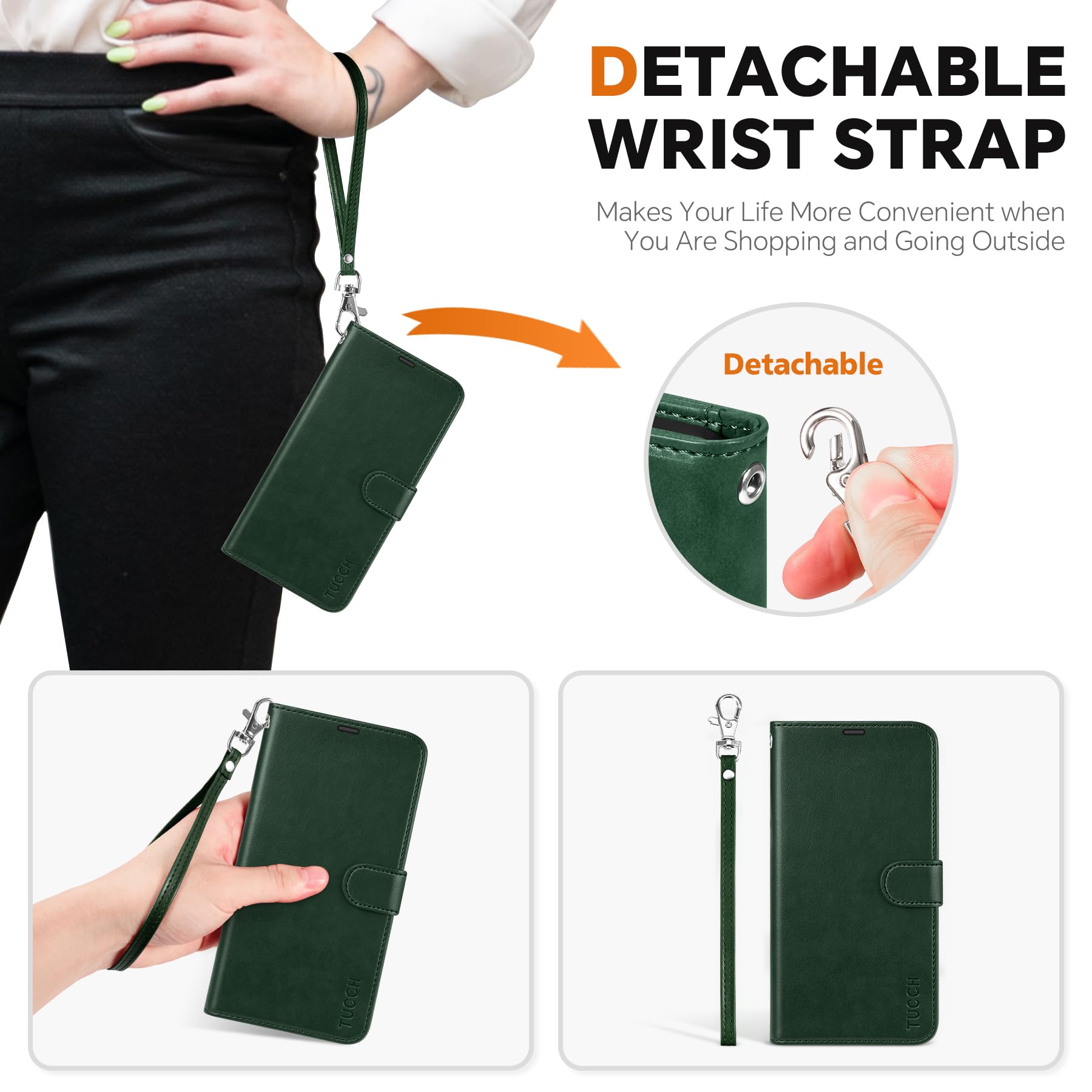 TUCCH Wallet Case for Galaxy S25 Ultra, Removable RFID Blocking [4 Card Slots] Wrist Strap Wireless Charging Kickstand PU Leather Magnetic Detachable Protective Cover for Galaxy S25 Ultra 6.9", Black