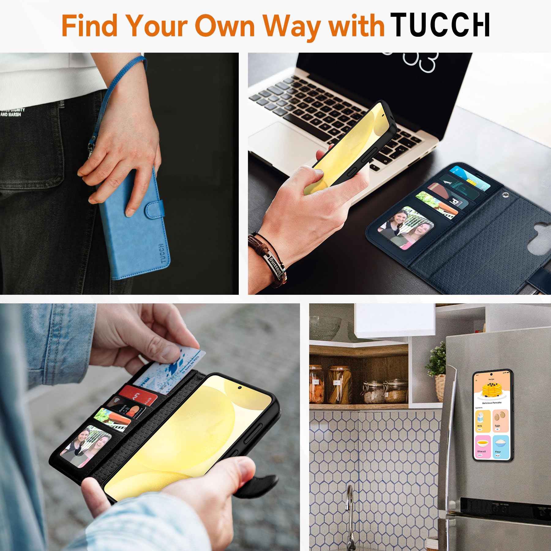 TUCCH Wallet Case for Galaxy S25 Ultra, Removable RFID Blocking [4 Card Slots] Wrist Strap Wireless Charging Kickstand PU Leather Magnetic Detachable Protective Cover for Galaxy S25 Ultra 6.9", Black