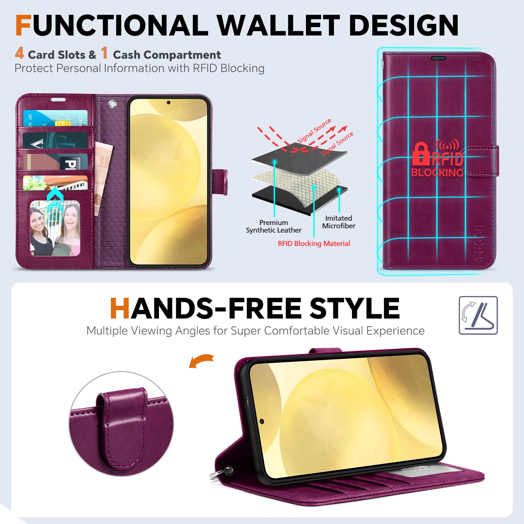 TUCCH Wallet Case for Galaxy S25 Ultra, Removable RFID Blocking [4 Card Slots] Wrist Strap Wireless Charging Kickstand PU Leather Magnetic Detachable Protective Cover for Galaxy S25 Ultra 6.9", Black