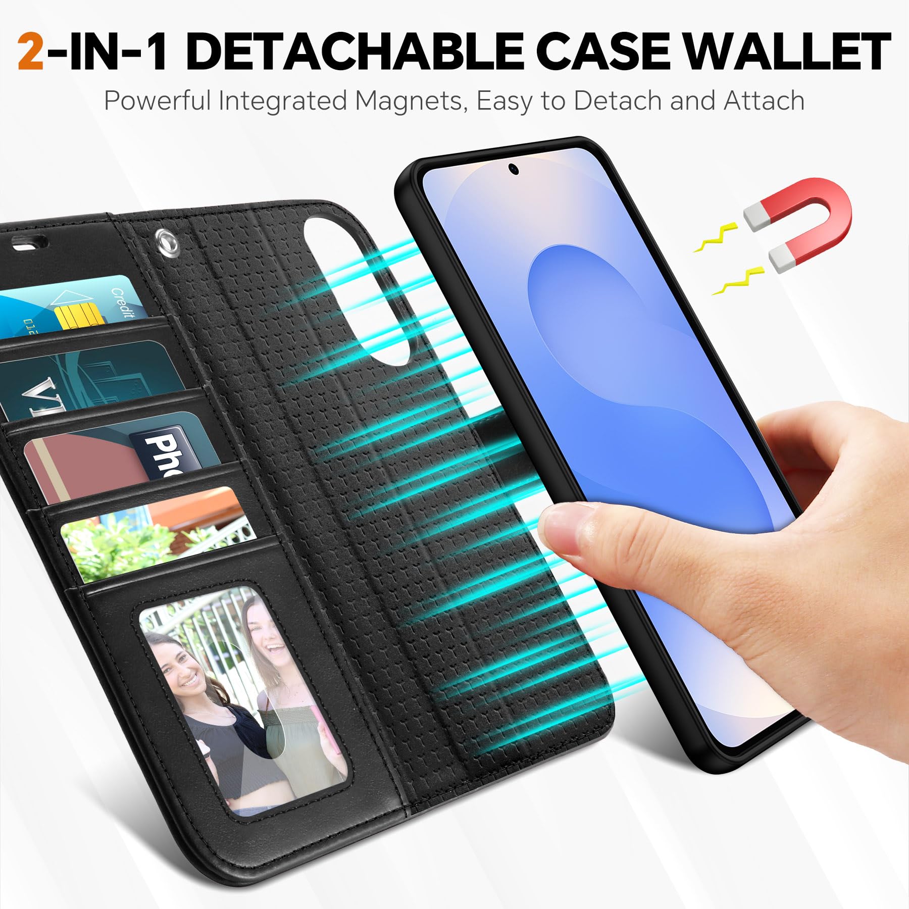 TUCCH Wallet Case for Galaxy S25 Ultra, Removable RFID Blocking [4 Card Slots] Wrist Strap Wireless Charging Kickstand PU Leather Magnetic Detachable Protective Cover for Galaxy S25 Ultra 6.9", Black