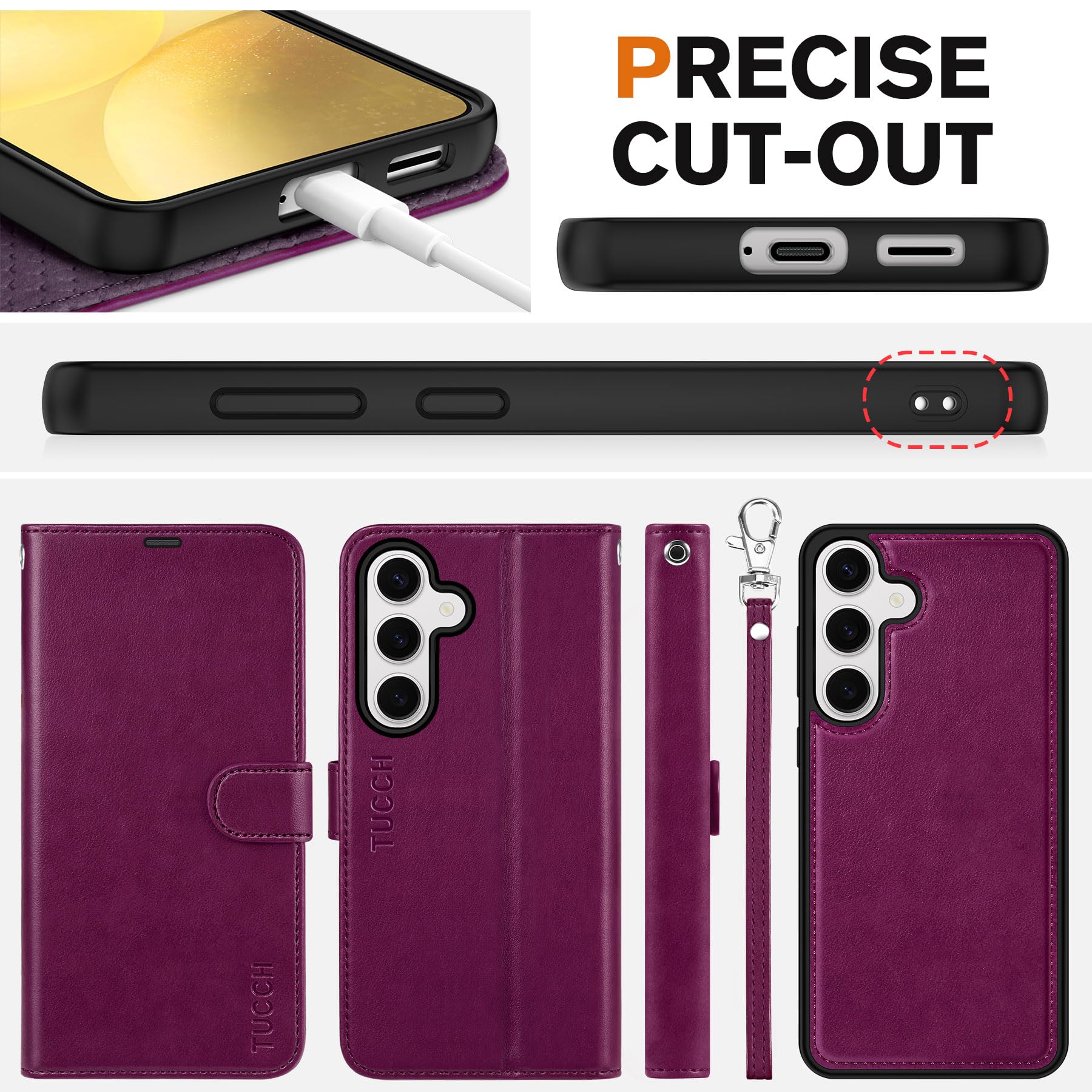TUCCH Wallet Case for Galaxy S25 Ultra, Removable RFID Blocking [4 Card Slots] Wrist Strap Wireless Charging Kickstand PU Leather Magnetic Detachable Protective Cover for Galaxy S25 Ultra 6.9", Black