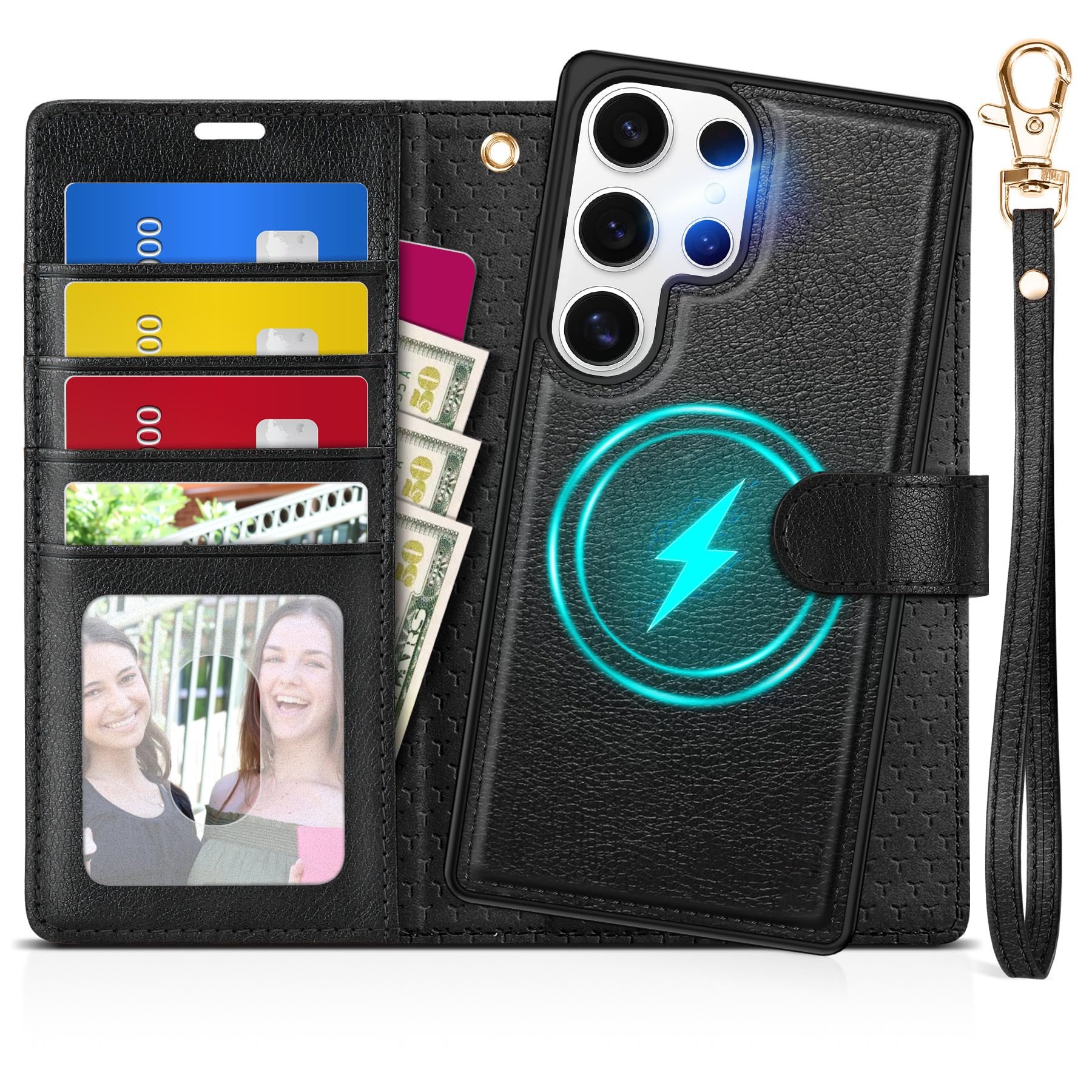 TUCCH Wallet Case for Galaxy S25 Ultra, Removable RFID Blocking [4 Card Slots] Wrist Strap Wireless Charging Kickstand PU Leather Magnetic Detachable Protective Cover for Galaxy S25 Ultra 6.9", Black