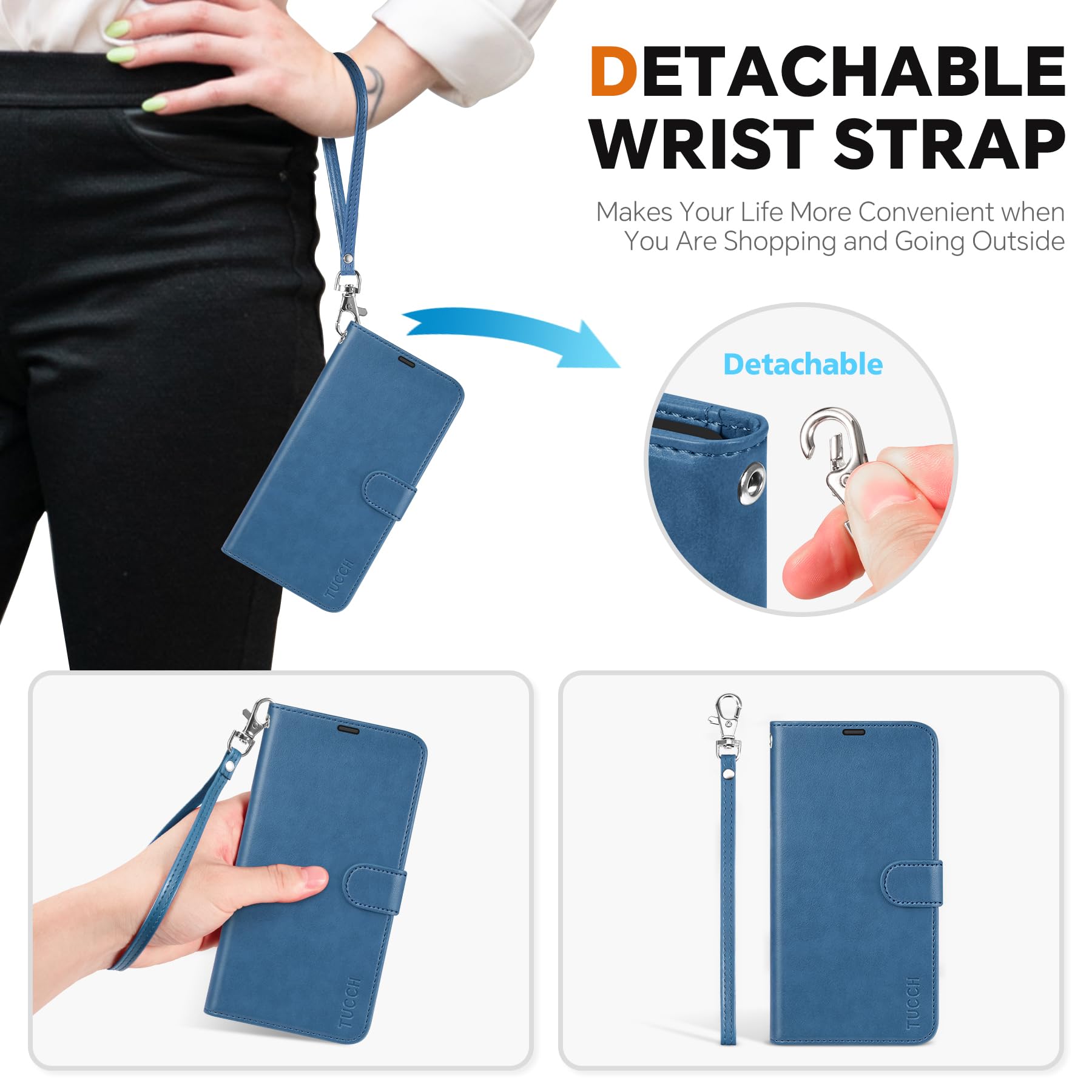 TUCCH Wallet Case for Galaxy S25 Ultra, Removable RFID Blocking [4 Card Slots] Wrist Strap Wireless Charging Kickstand PU Leather Magnetic Detachable Protective Cover for Galaxy S25 Ultra 6.9", Black