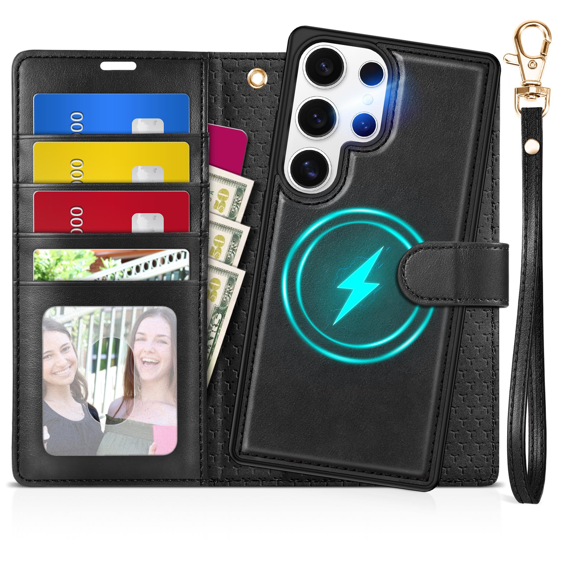 TUCCH Wallet Case for Galaxy S25 Ultra, Removable RFID Blocking [4 Card Slots] Wrist Strap Wireless Charging Kickstand PU Leather Magnetic Detachable Protective Cover for Galaxy S25 Ultra 6.9", Black