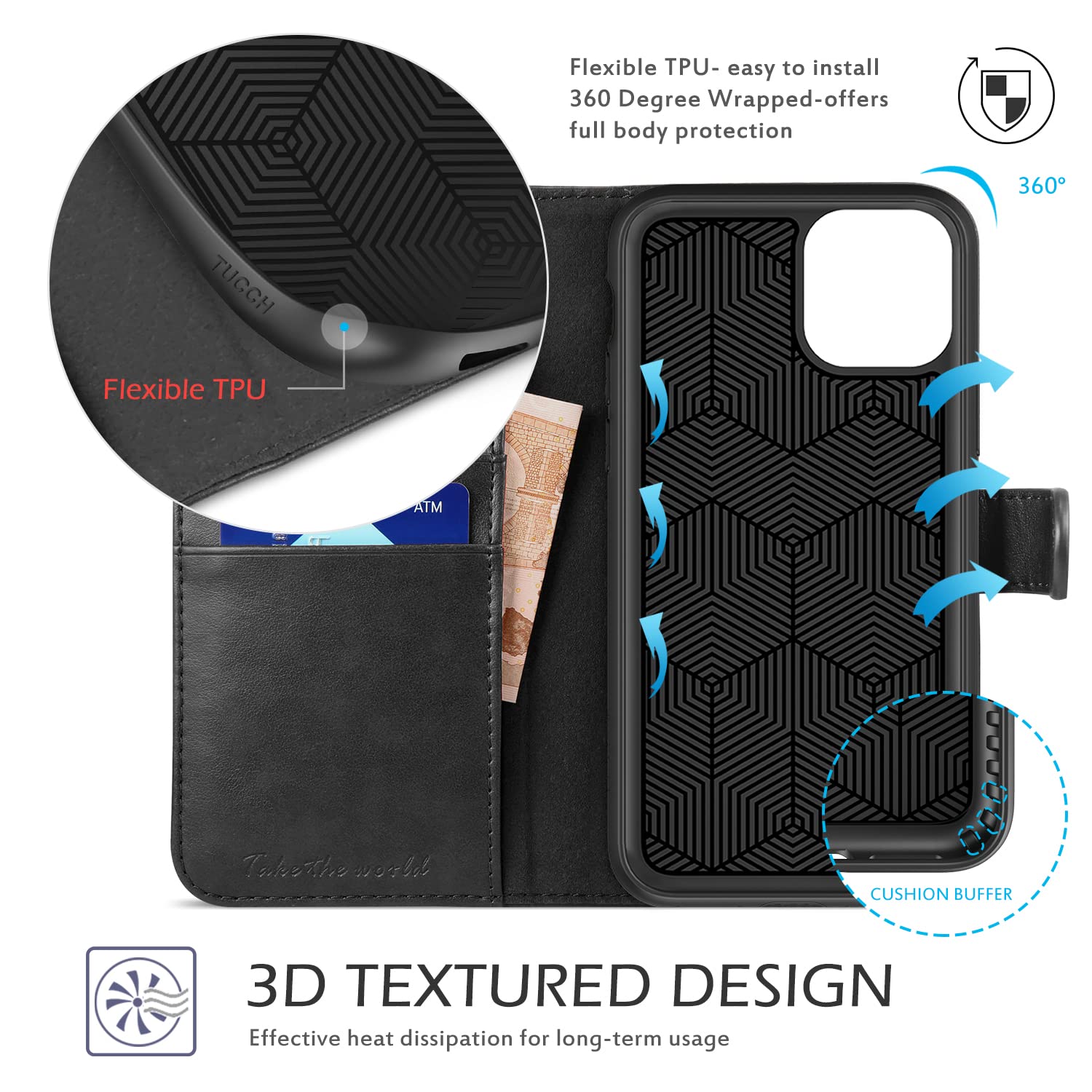 TUCCH Wallet Case for iPhone 11 Pro, Magnetic Auto Wake Sleep RFID Blocking Card Slots [TPU Shockproof Interior Case], PU Leather Stand Flip Cover Compatible with iPhone 11 Pro 5.8 inch, Black