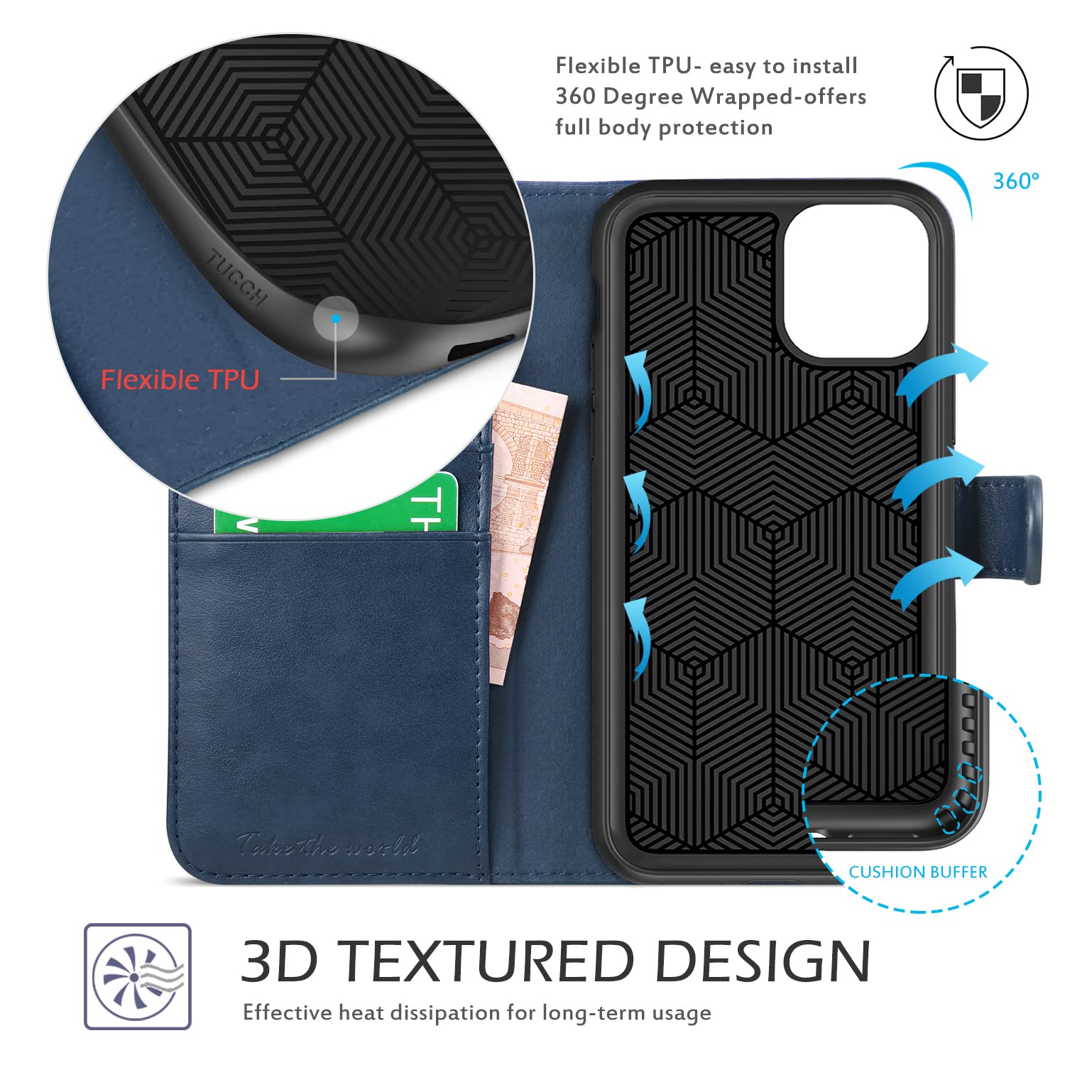 TUCCH Wallet Case for iPhone 11 Pro, Magnetic Auto Wake Sleep RFID Blocking Card Slots [TPU Shockproof Interior Case], PU Leather Stand Flip Cover Compatible with iPhone 11 Pro 5.8 inch, Black