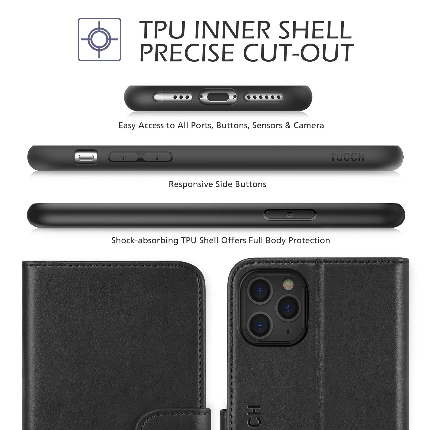 TUCCH Wallet Case for iPhone 11 Pro, Magnetic Auto Wake Sleep RFID Blocking Card Slots [TPU Shockproof Interior Case], PU Leather Stand Flip Cover Compatible with iPhone 11 Pro 5.8 inch, Black