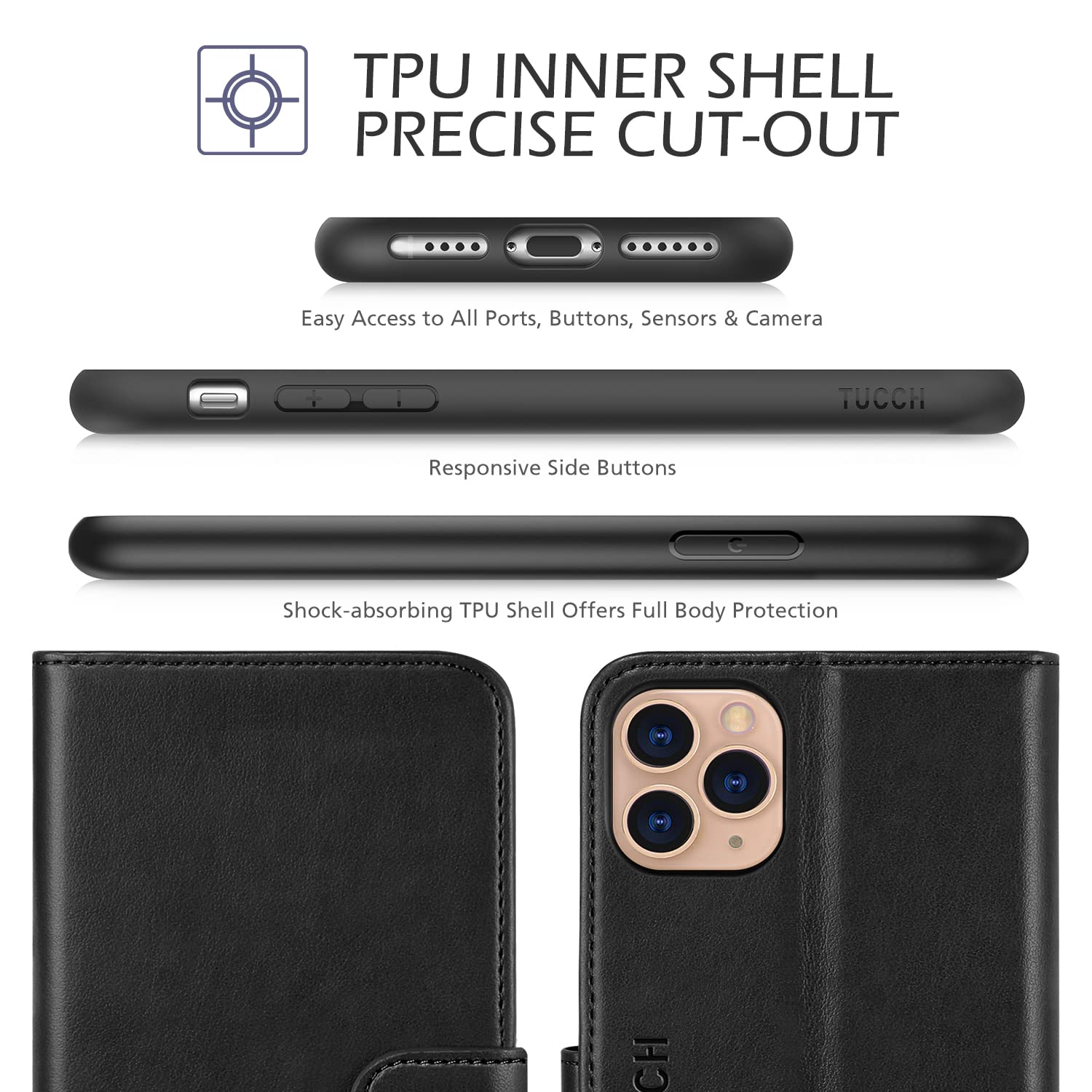 TUCCH Wallet Case for iPhone 11 Pro Max, Magnetic Auto Wake Sleep RFID Blocking Card Slot [Shockproof TPU Shell], PU Leather Stand Flip Cover Compatible with iPhone 11 Pro Max 6.5 inch 2019, Black