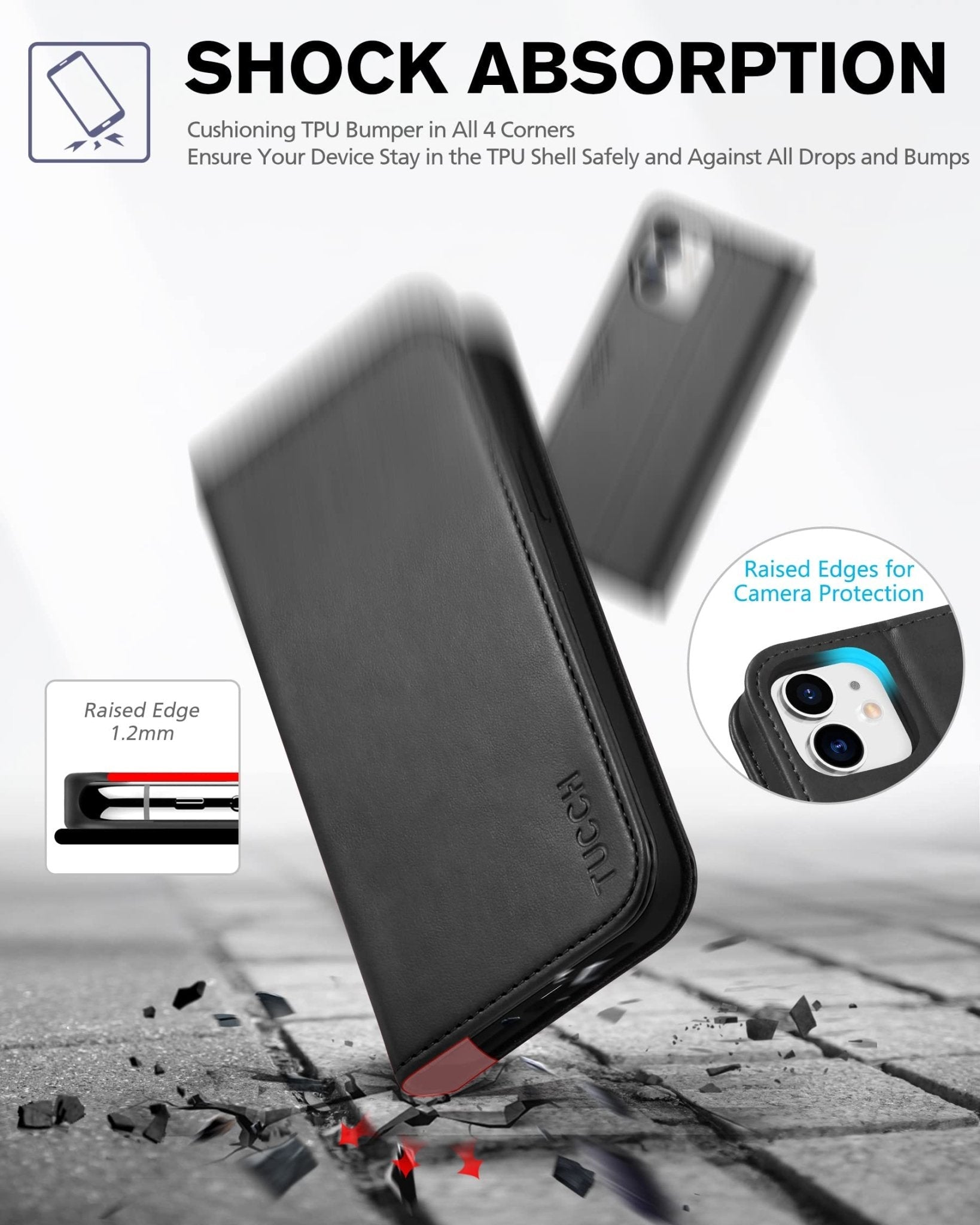 TUCCH Wallet Case for iPhone 12 Pro/iPhone 12 5G, Premium PU Leather Flip Folio Cover with Card Slot, Stand Book Design [Shockproof TPU Interior Case] Compatible with iPhone 12/12 Pro 6.1-inch, Black