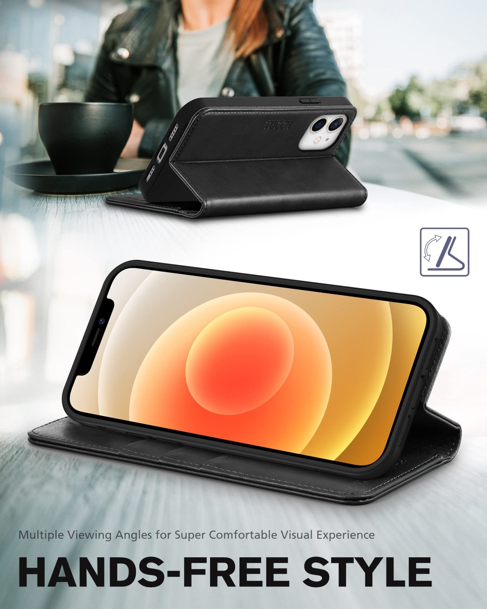 TUCCH Wallet Case for iPhone 12 Pro/iPhone 12 5G, Premium PU Leather Flip Folio Cover with Card Slot, Stand Book Design [Shockproof TPU Interior Case] Compatible with iPhone 12/12 Pro 6.1-inch, Black