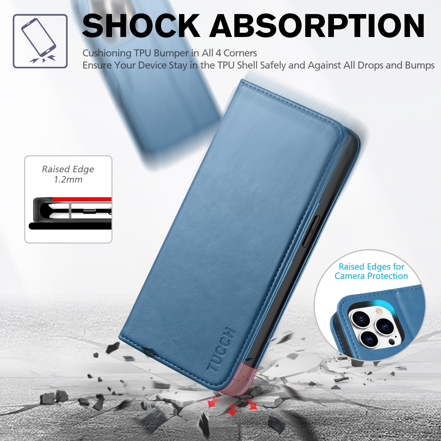 TUCCH Wallet Case for iPhone 14 Pro 6.1 5G, PU Leather Folio Case with [RFID Blocking] [3 Card Slot], Kickstand Book Design [Shockproof TPU Interior Case] Compatible with iPhone 14 Pro, Dark Blue