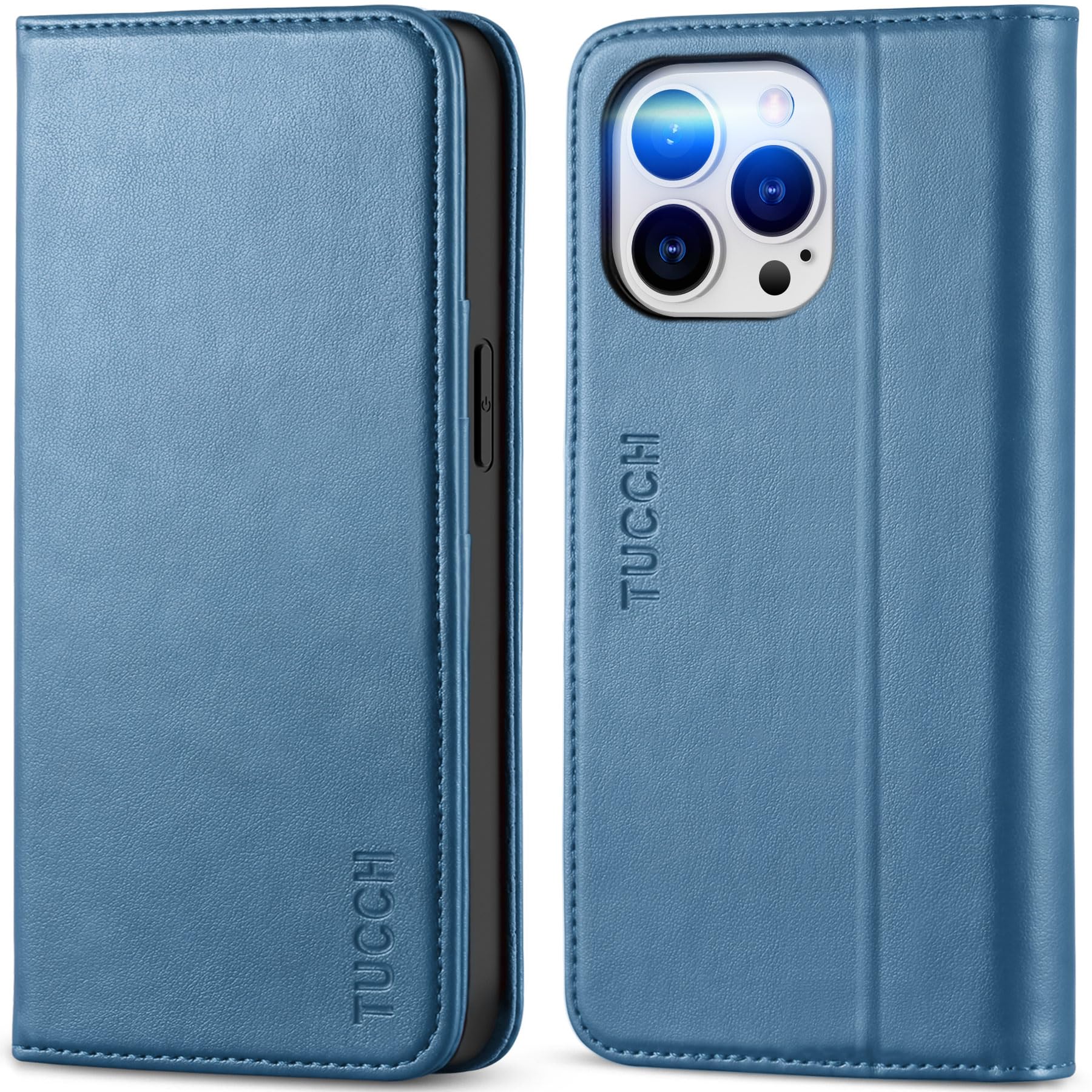 TUCCH Wallet Case for iPhone 14 Pro 6.1 5G, PU Leather Folio Case with [RFID Blocking] [3 Card Slot], Kickstand Book Design [Shockproof TPU Interior Case] Compatible with iPhone 14 Pro, Dark Blue